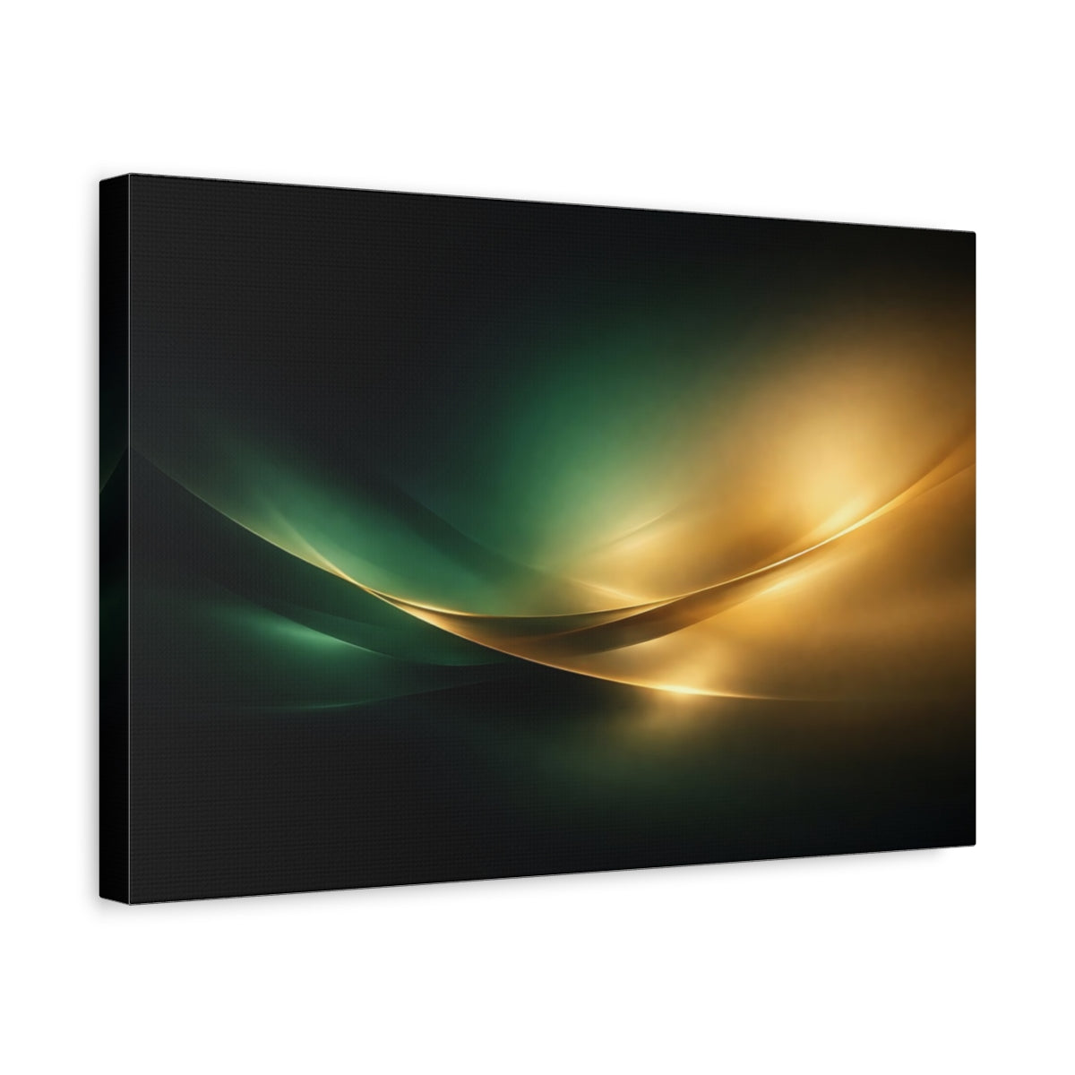 Side Mockup 4. Abstract Abstract Curves Green And Gold Abstract shown as stretched canvas wall art