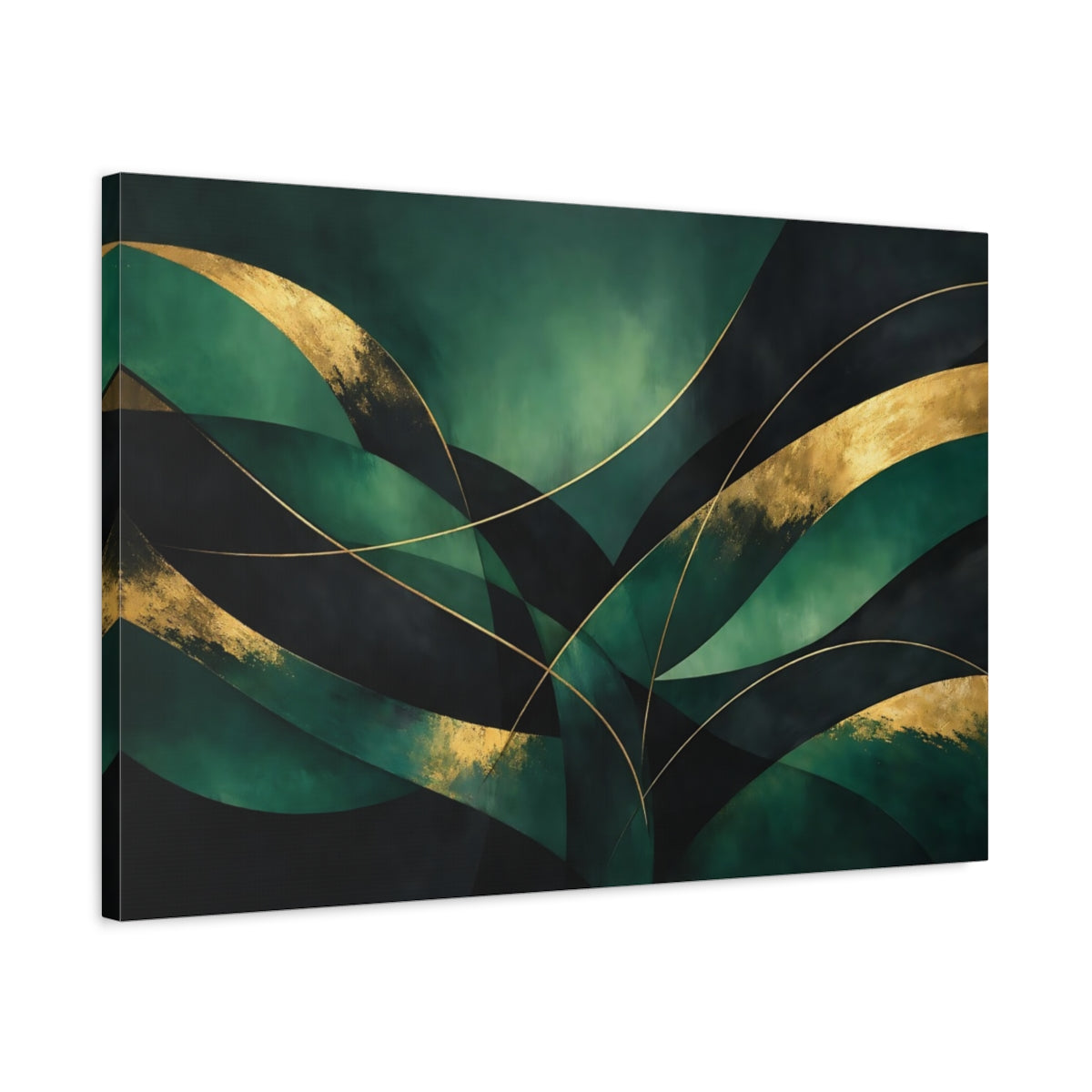 Side Mockup 2. Abstract Abstract Curves Green And Gold Abstract shown as stretched canvas wall art