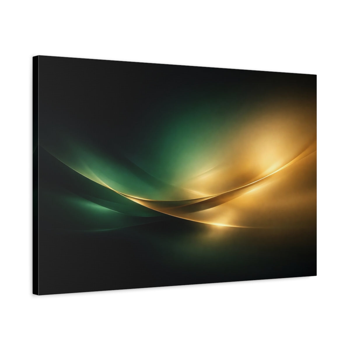 Side Mockup 2. Abstract Abstract Curves Green And Gold Abstract shown as stretched canvas wall art