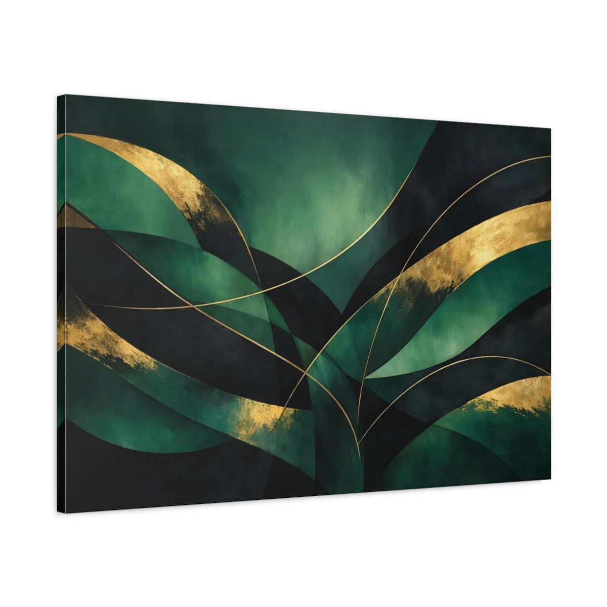 Side Mockup 1. Abstract Abstract Curves Green And Gold Abstract shown as stretched canvas wall art