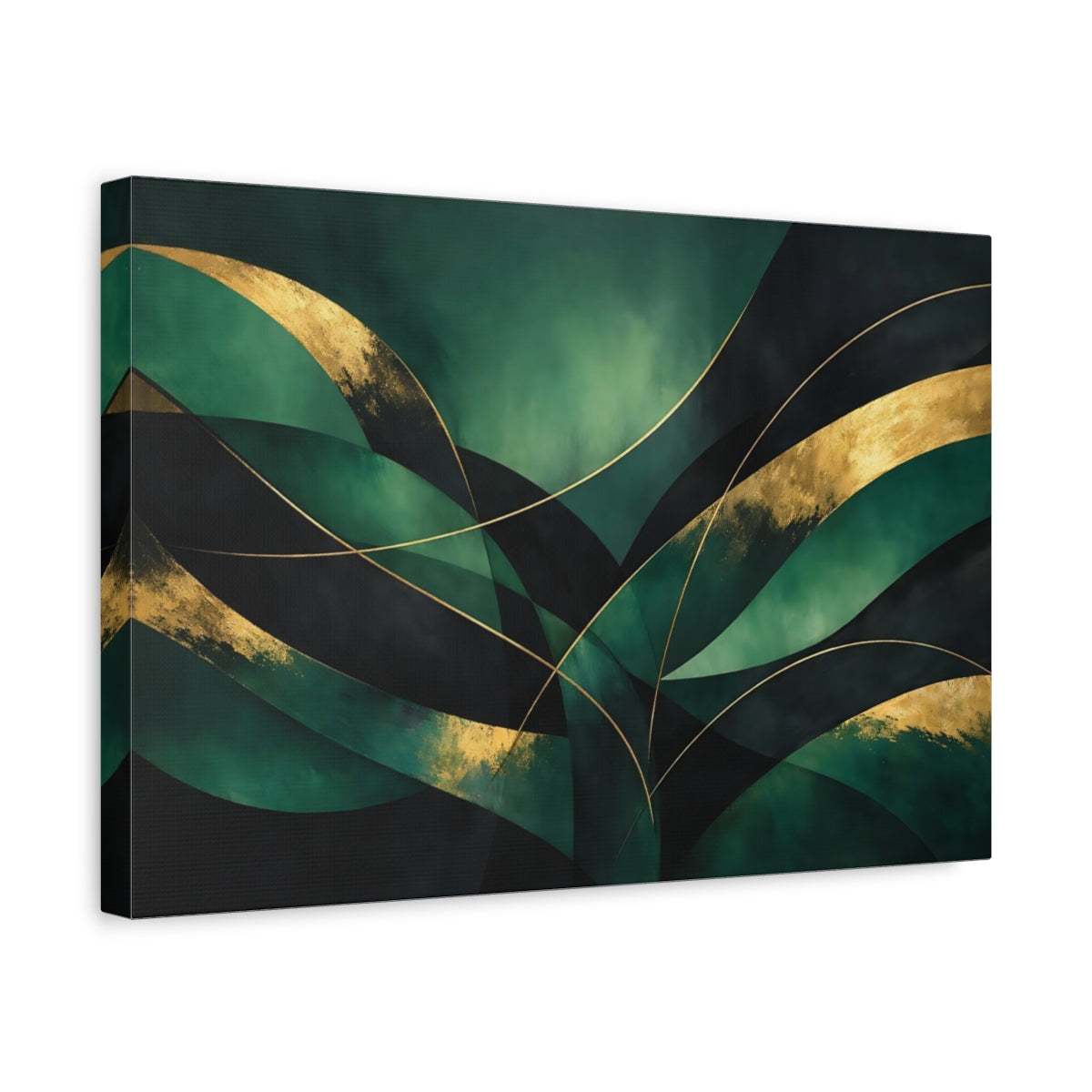 Side Mockup 4. Abstract Abstract Curves Green And Gold Abstract shown as stretched canvas wall art