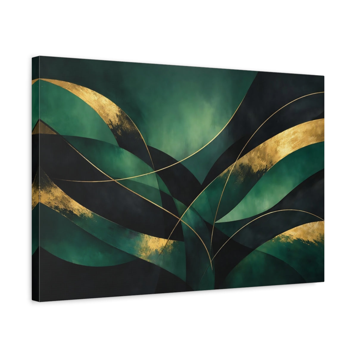 Side Mockup 3. Abstract Abstract Curves Green And Gold Abstract shown as stretched canvas wall art
