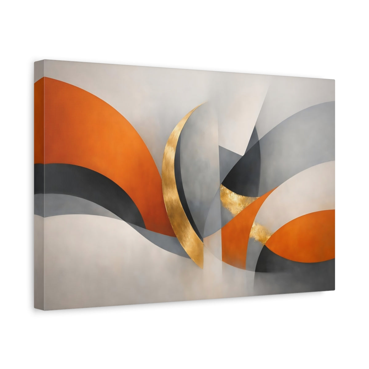 Side Mockup 4. Abstract Abstract Curves Orange Grey Gold Abstract shown as stretched canvas wall art