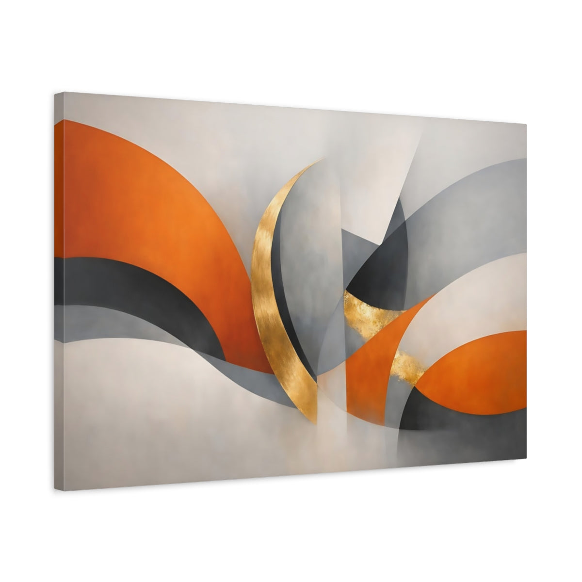 Side Mockup 2. Abstract Abstract Curves Orange Grey Gold Abstract shown as stretched canvas wall art