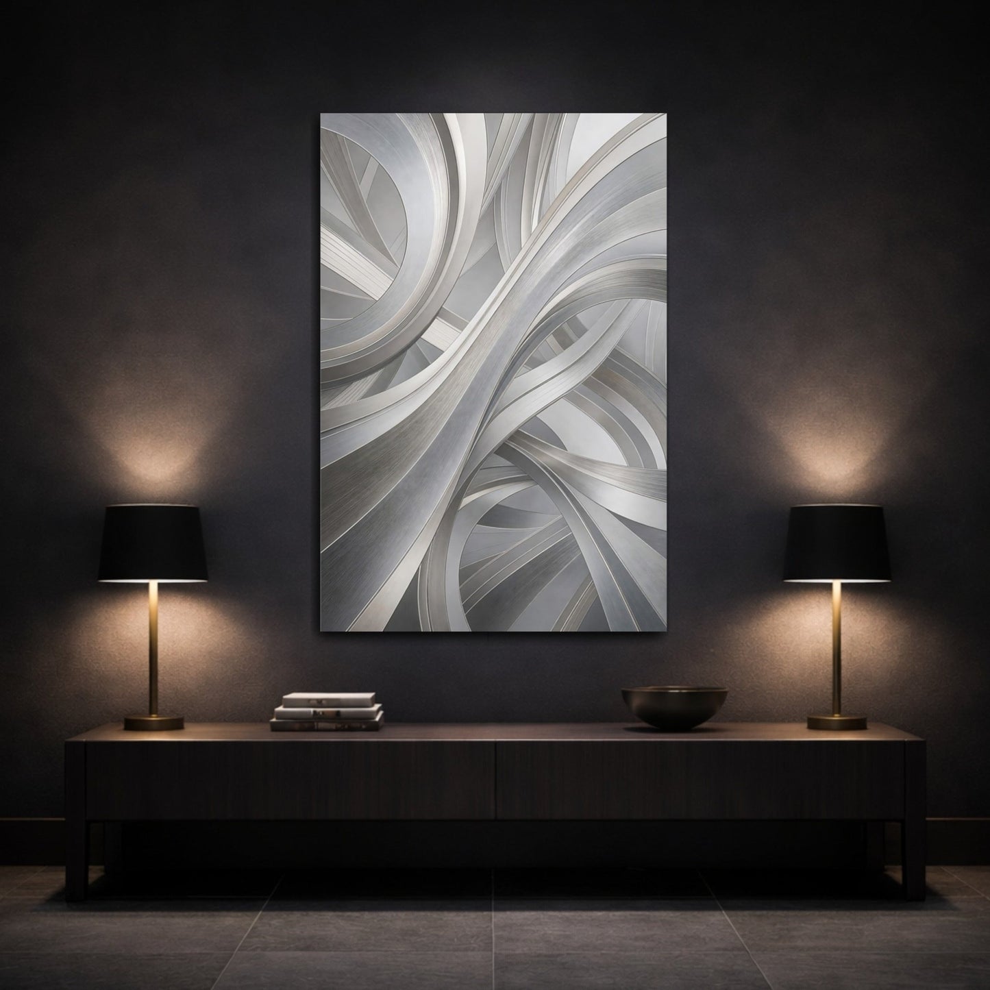 Abstract Curves Silver Canvas Print – Living Room, Above Sofa, Monochrome - YesArtYes