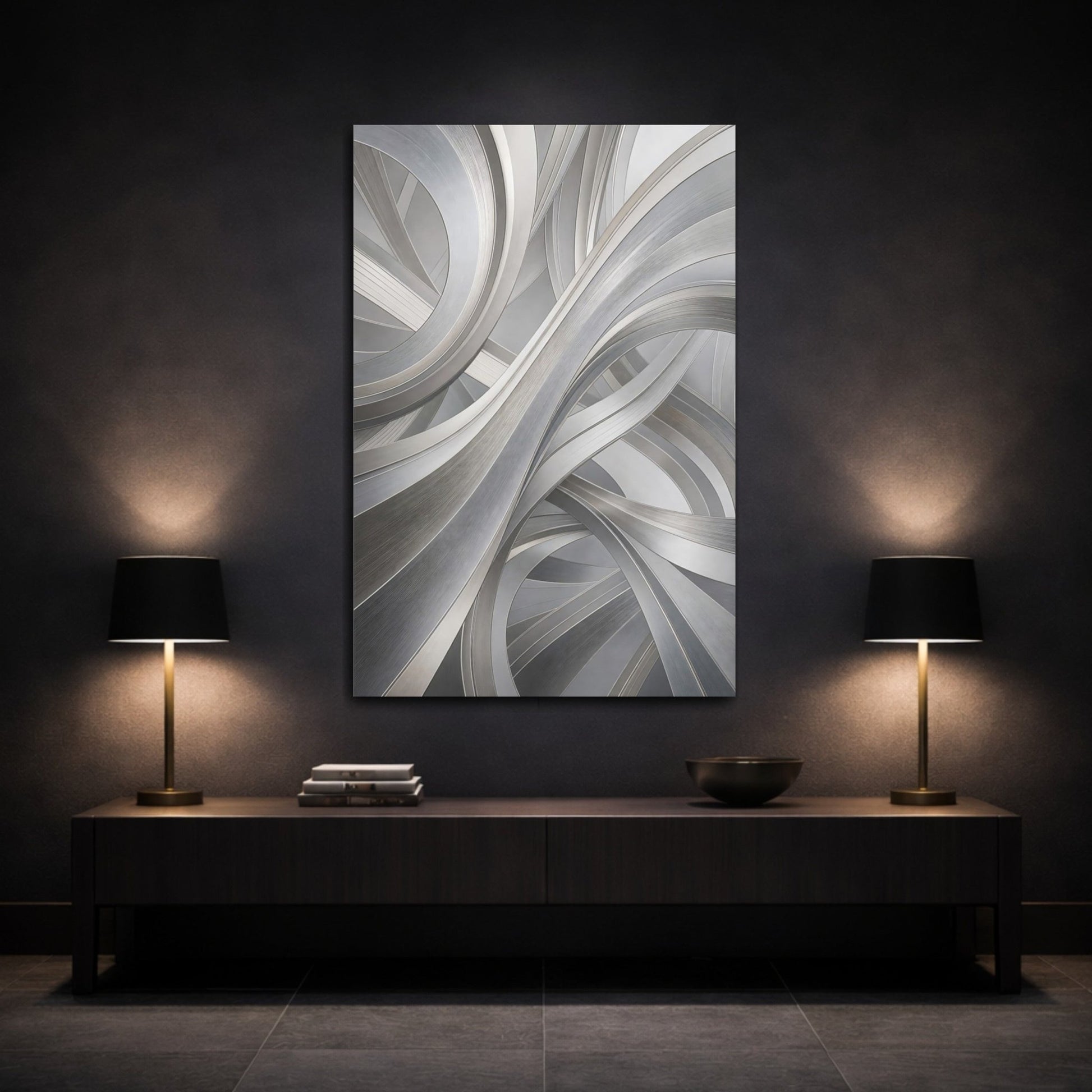 Abstract Curves Silver Canvas Print – Living Room, Above Sofa, Monochrome - YesArtYes