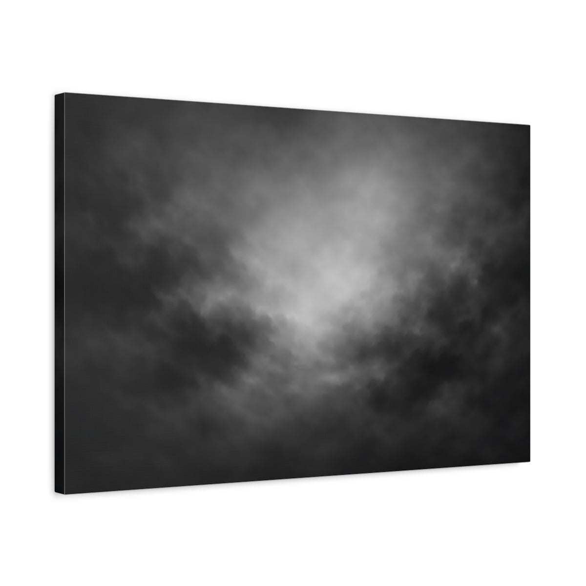 Side Mockup 2. Abstract Dark Clouds Black And White shown as stretched canvas wall art