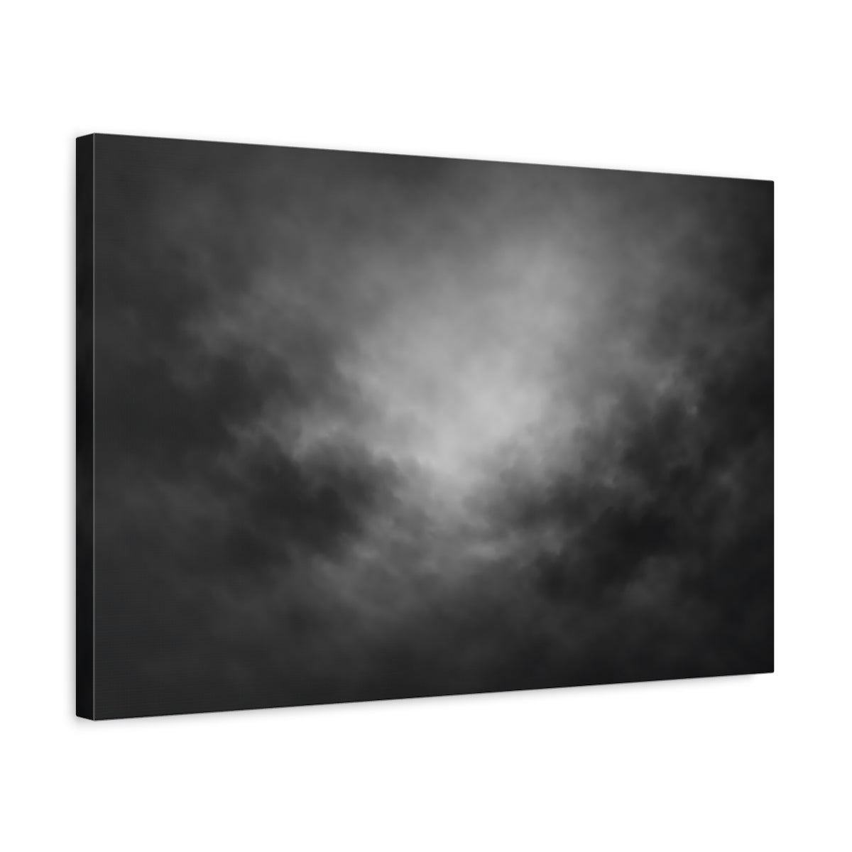 Side Mockup 3. Abstract Dark Clouds Black And White shown as stretched canvas wall art