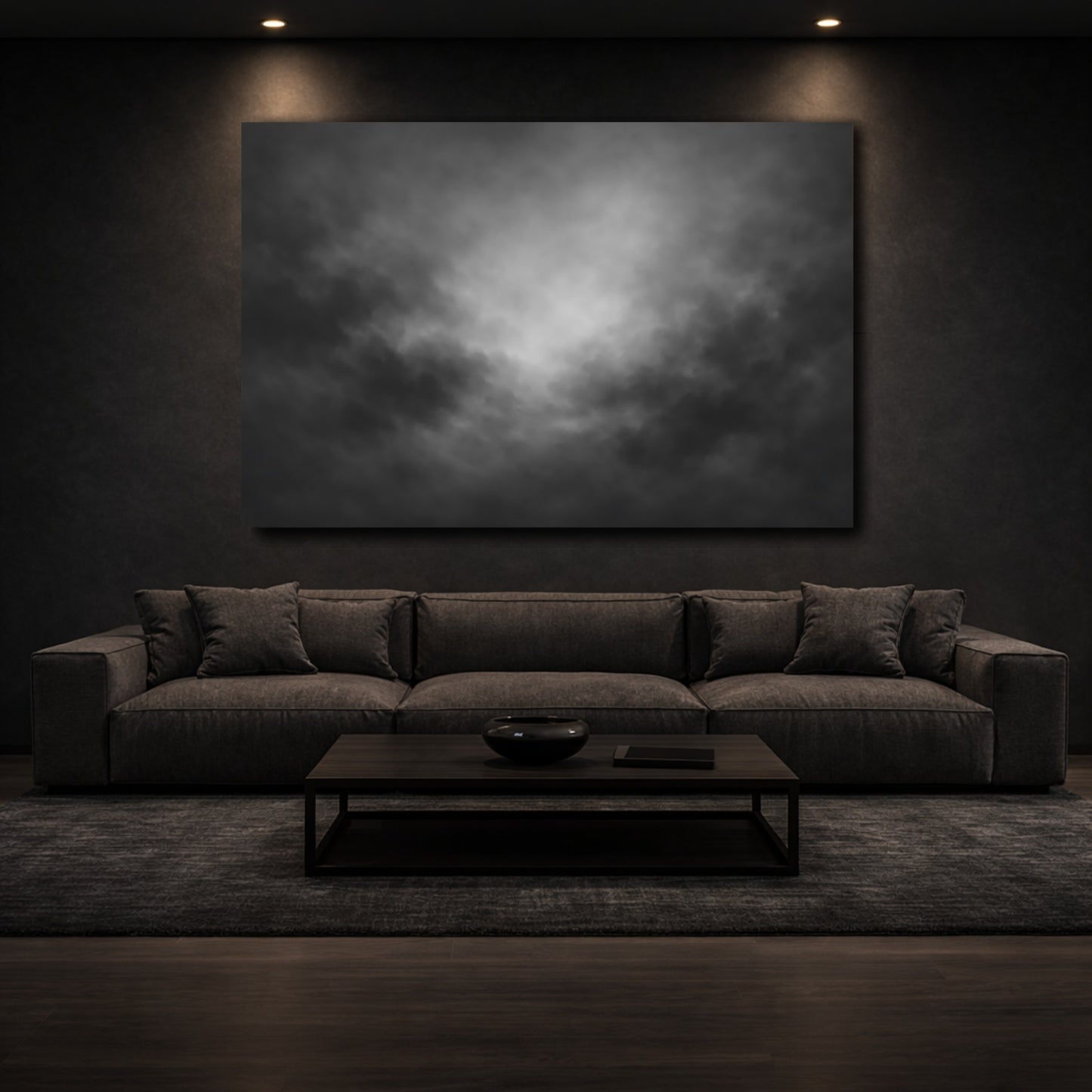 Mockup 2. Abstract Dark Clouds Black And White shown as stretched canvas wall art