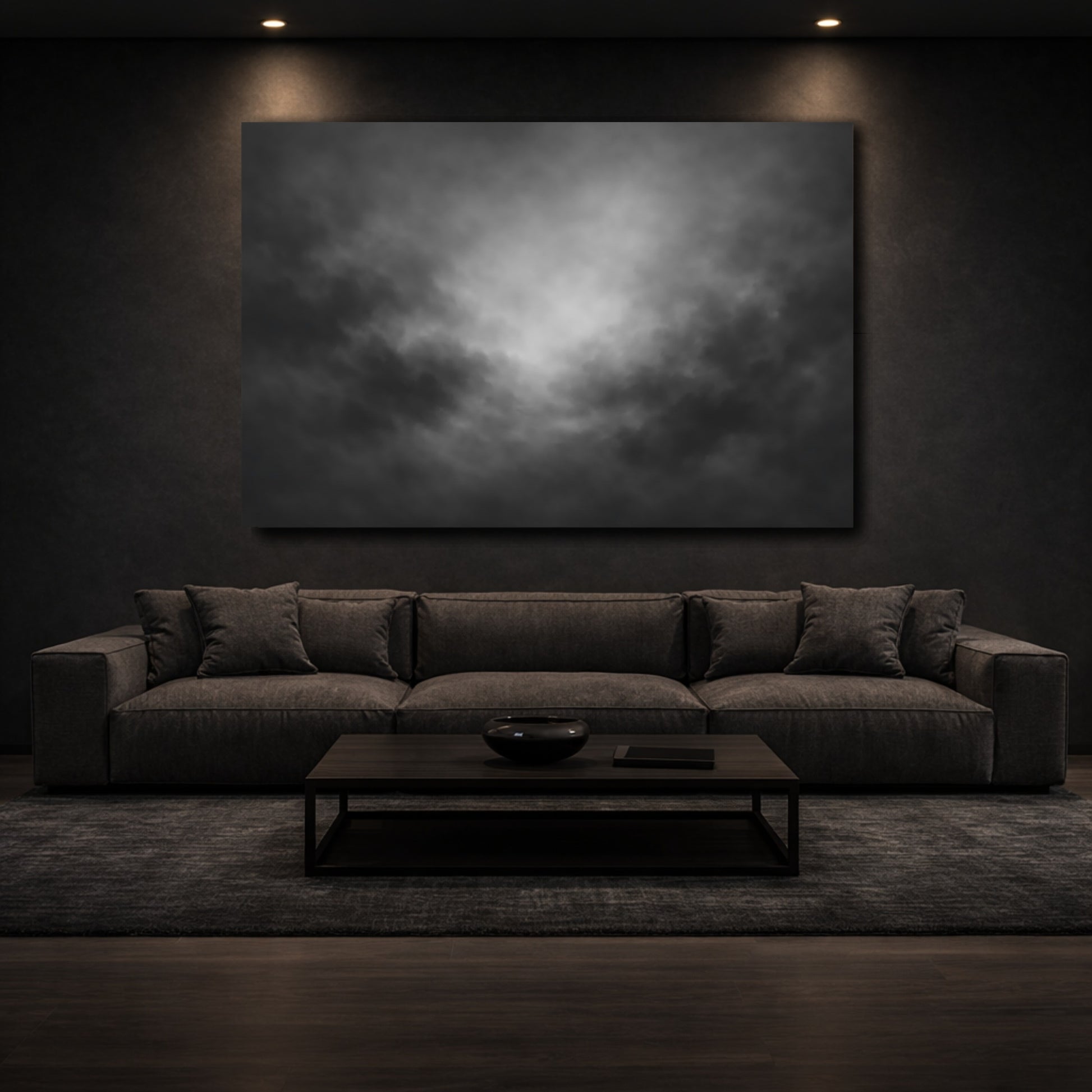 Mockup 2. Abstract Dark Clouds Black And White shown as stretched canvas wall art
