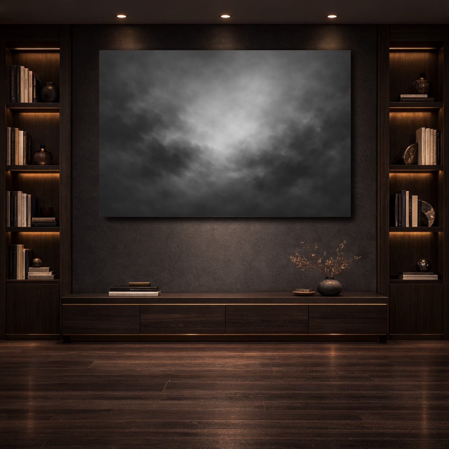 Mockup 3. Abstract Dark Clouds Black And White shown as stretched canvas wall art