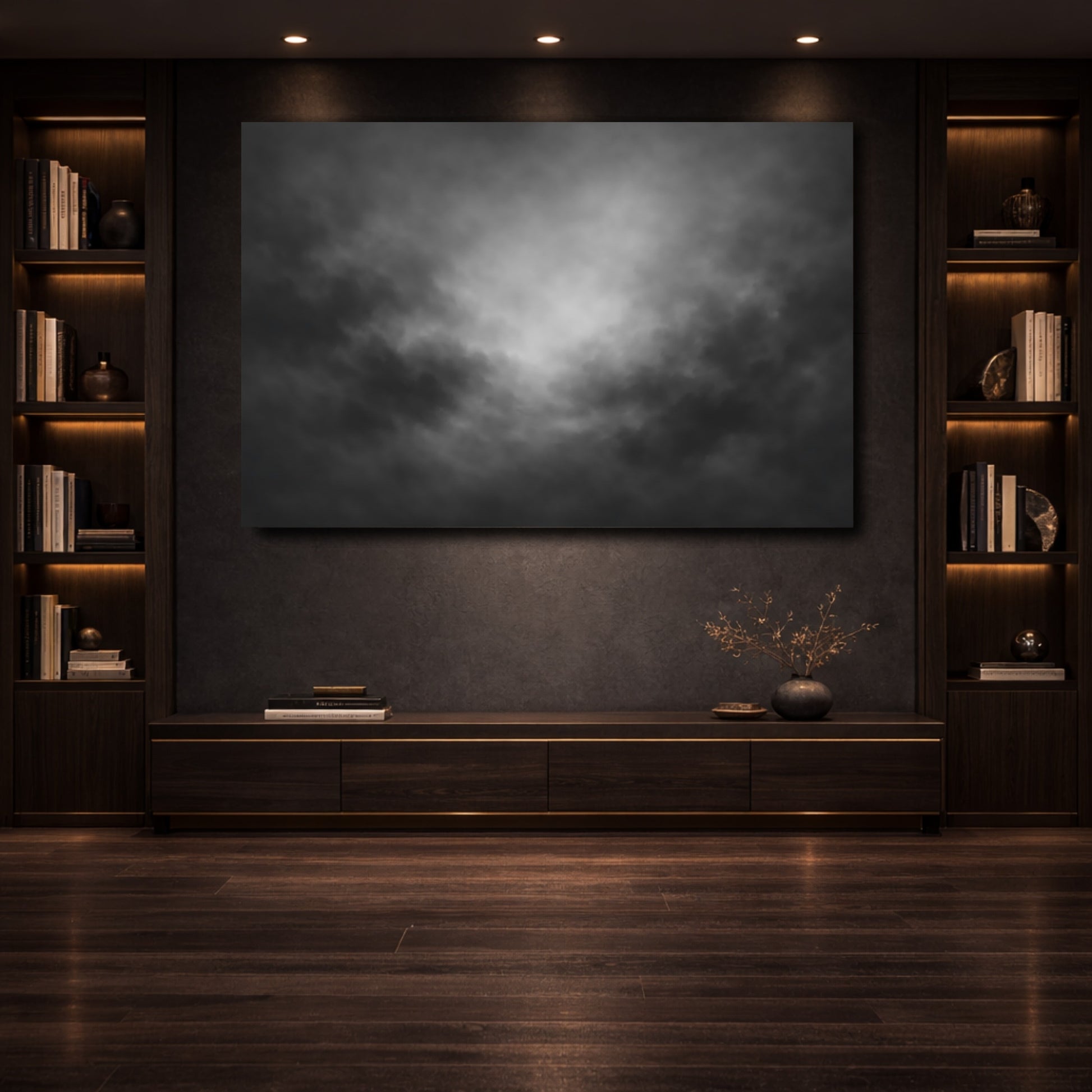 Mockup 3. Abstract Dark Clouds Black And White shown as stretched canvas wall art
