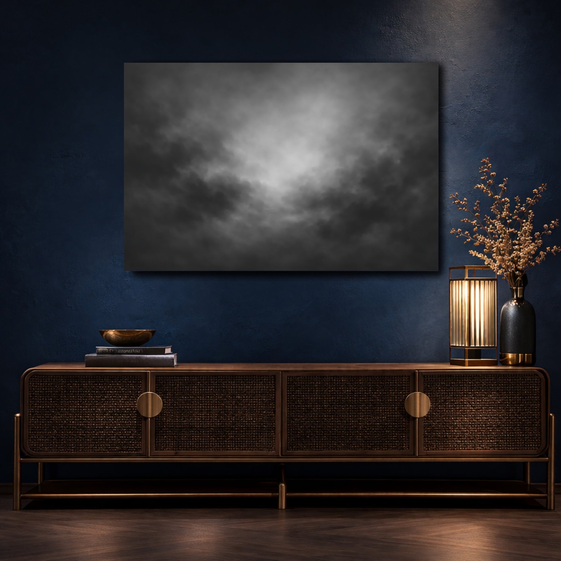 Mockup 4. Abstract Dark Clouds Black And White shown as stretched canvas wall art
