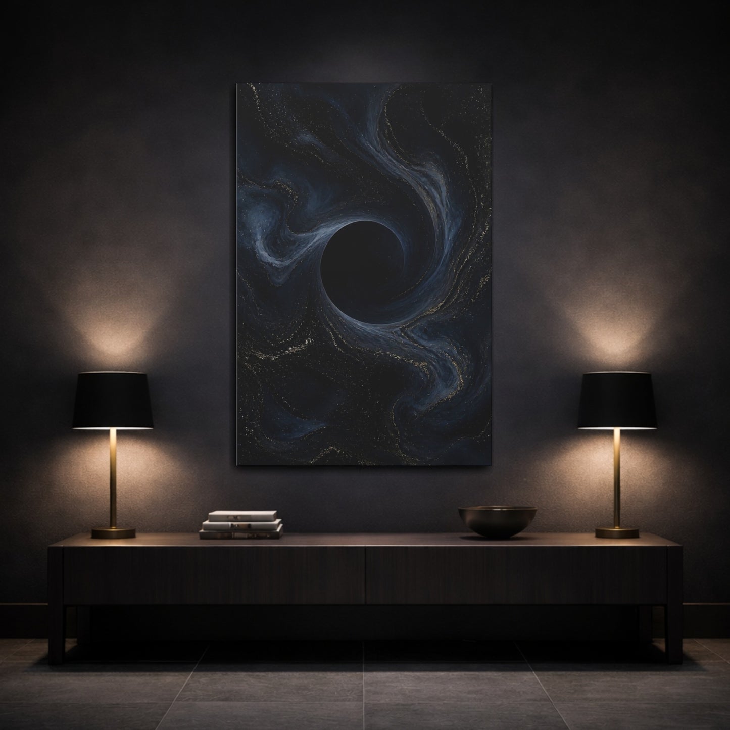 Mockup 3. Abstract Dark Vortex shown as canvas print