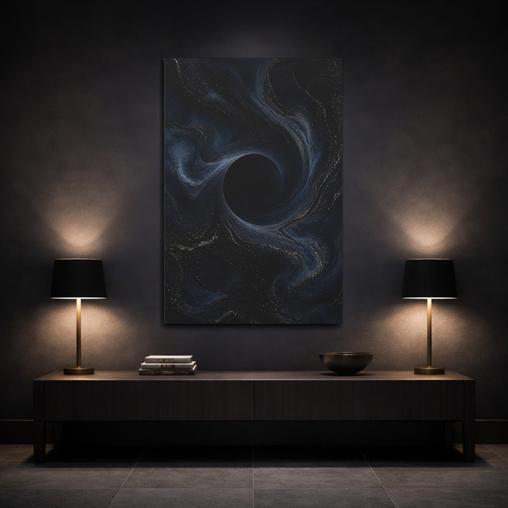 Mockup 3. Abstract Dark Vortex shown as canvas print