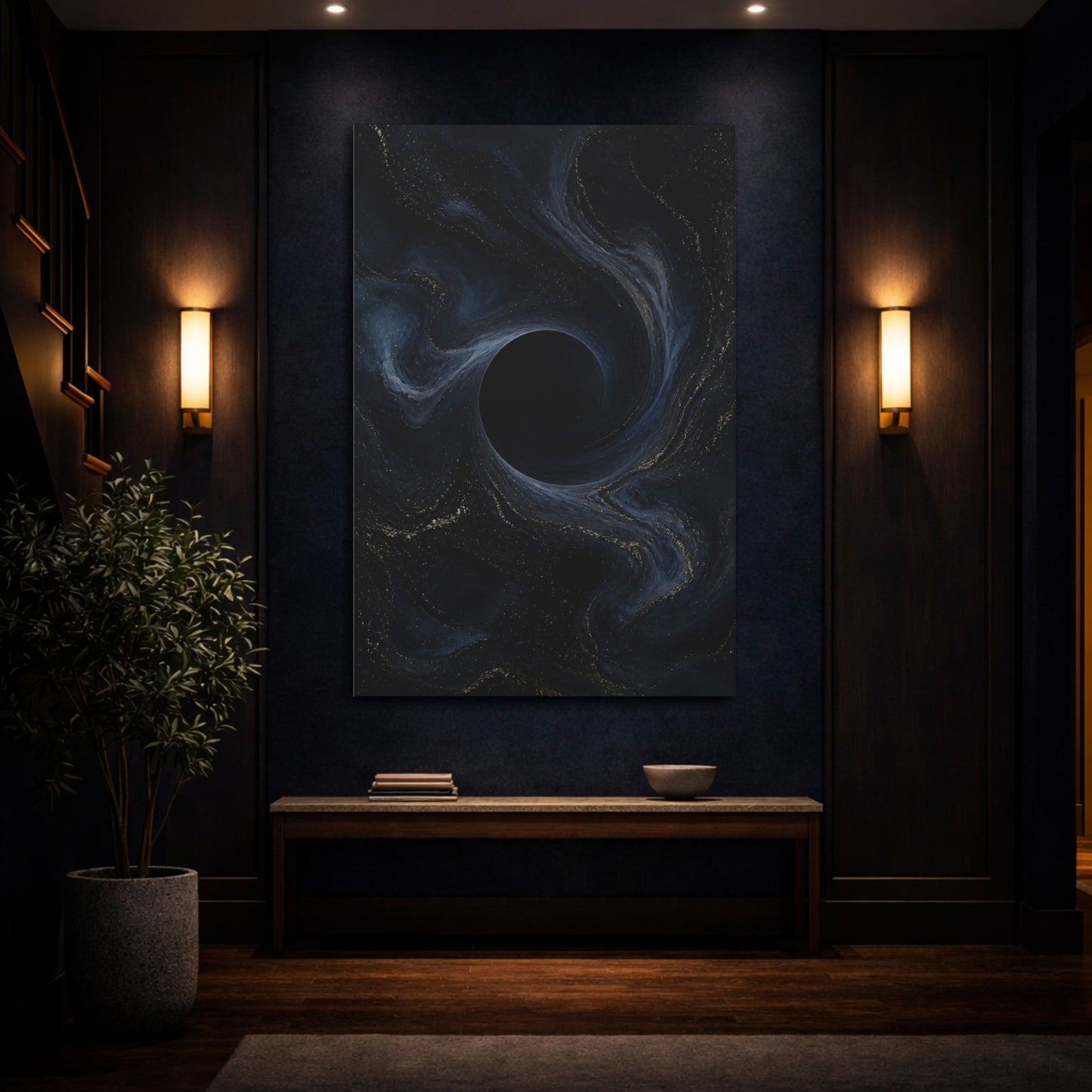 Mockup 4. Abstract Dark Vortex shown as canvas print