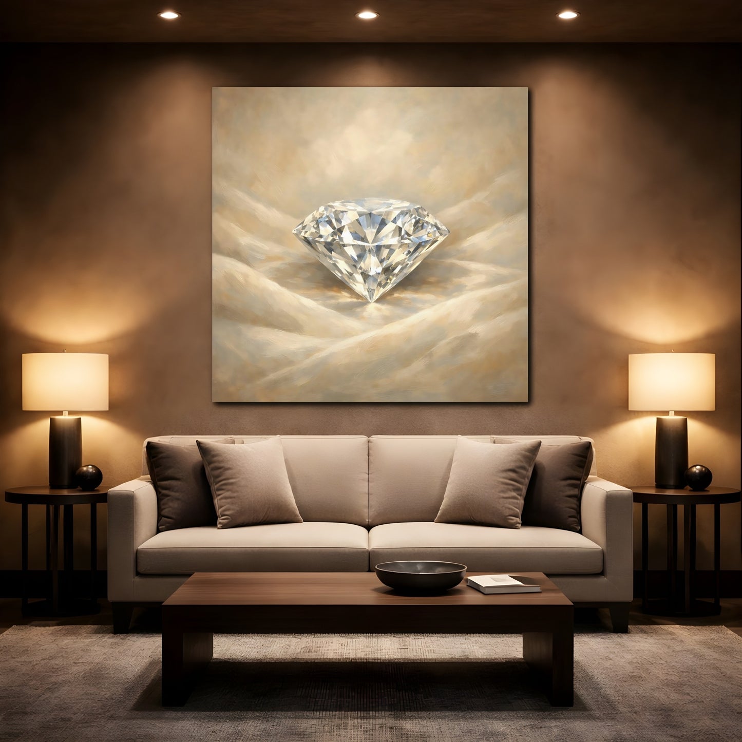 Mockup 2. Abstract Diamond Gold Diamond shown as stretched canvas wall art