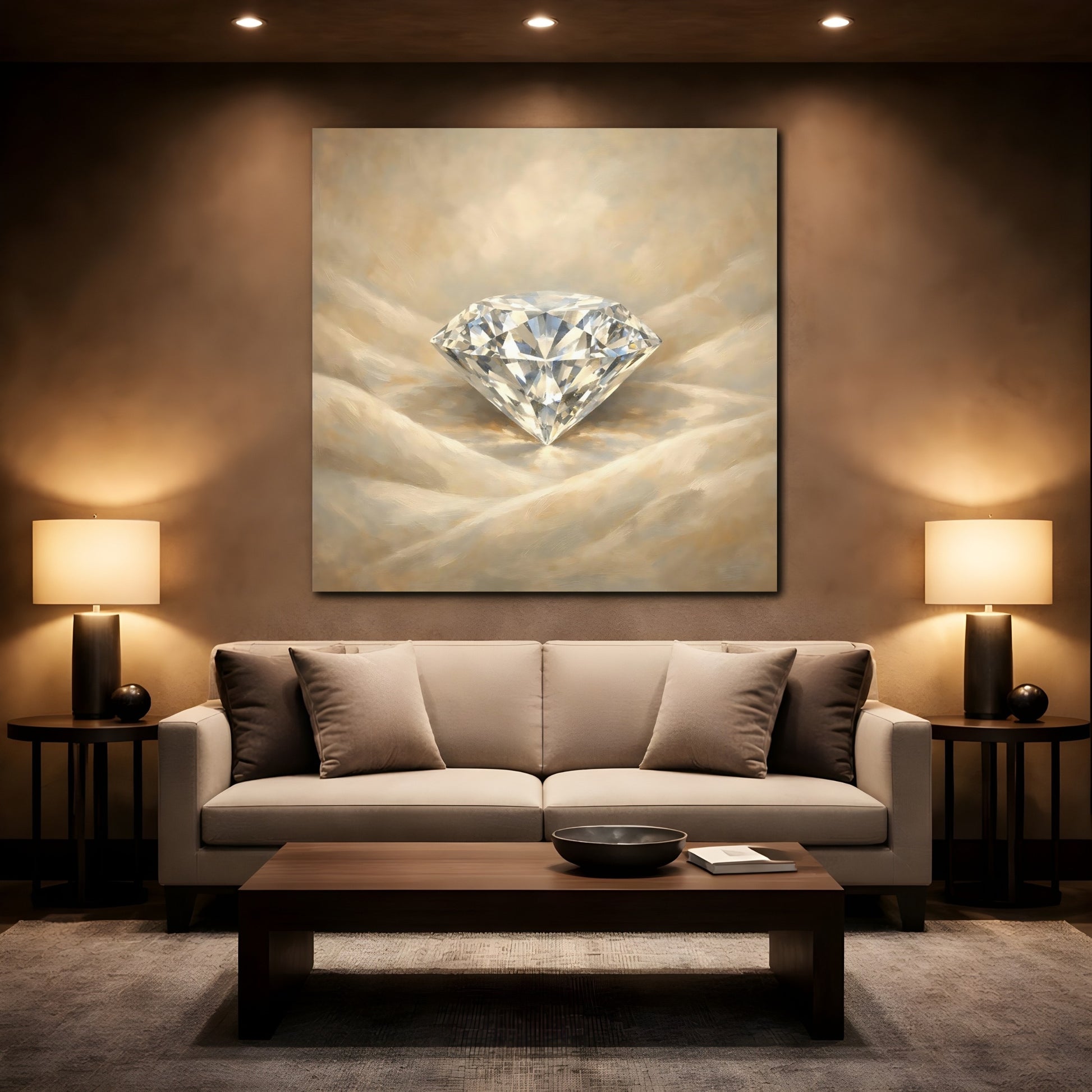 Mockup 2. Abstract Diamond Gold Diamond shown as stretched canvas wall art
