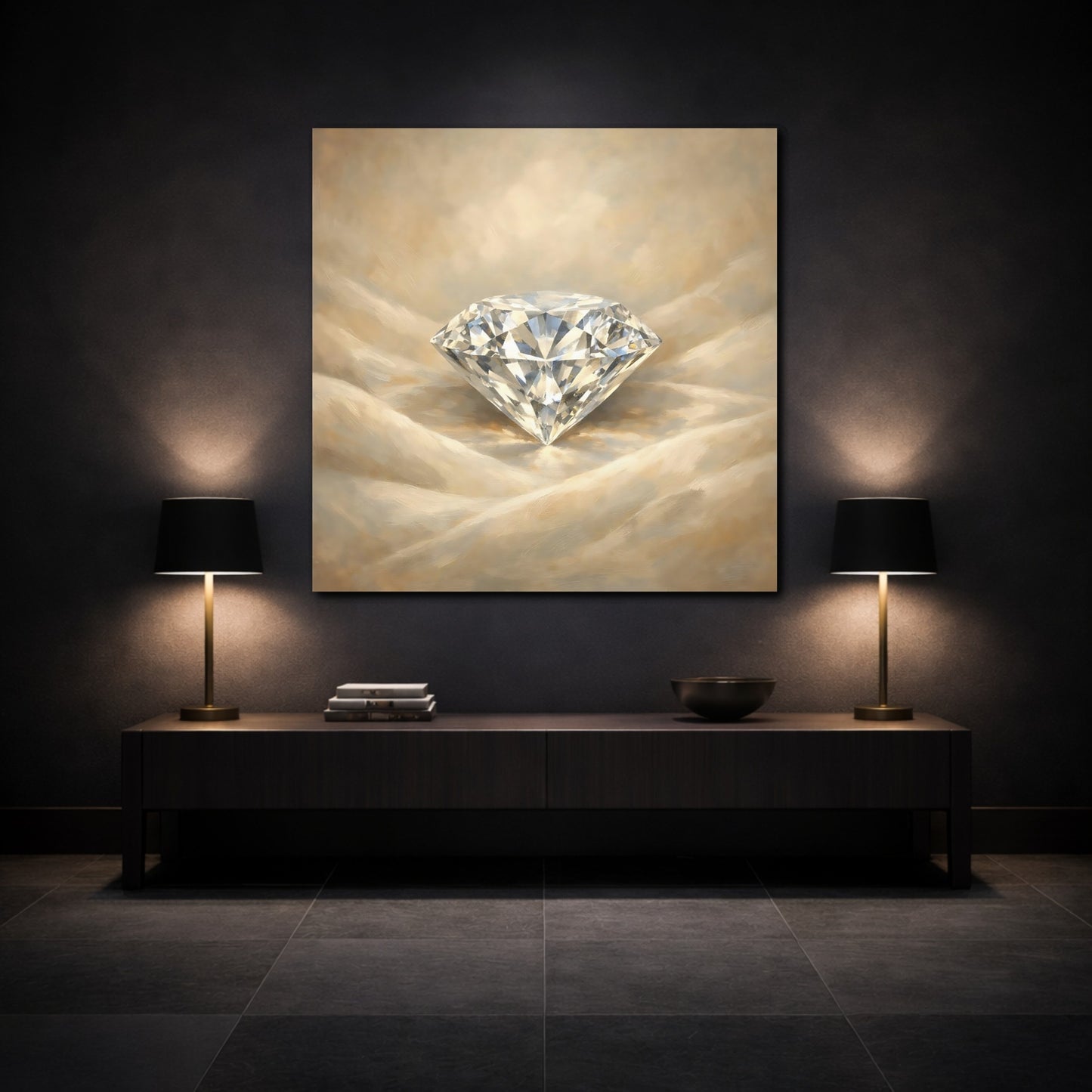 Mockup 3. Abstract Diamond Gold Diamond shown as stretched canvas wall art