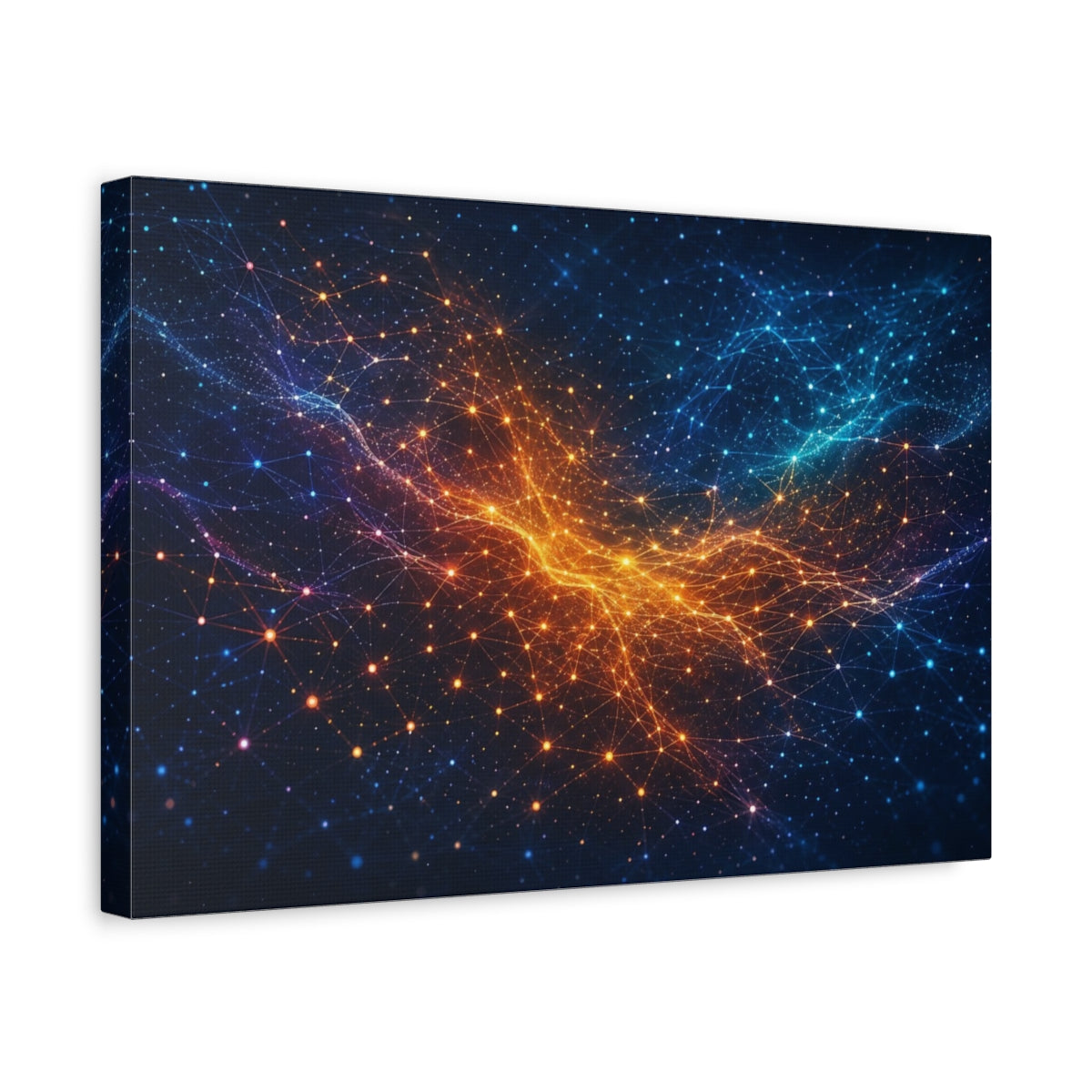 Side Mockup 4. Abstract Digital Network Blue Orange Network shown as stretched canvas wall art