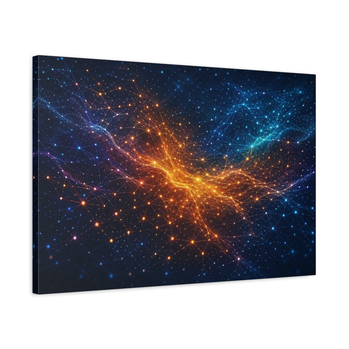 Side Mockup 2. Abstract Digital Network Blue Orange Network shown as stretched canvas wall art