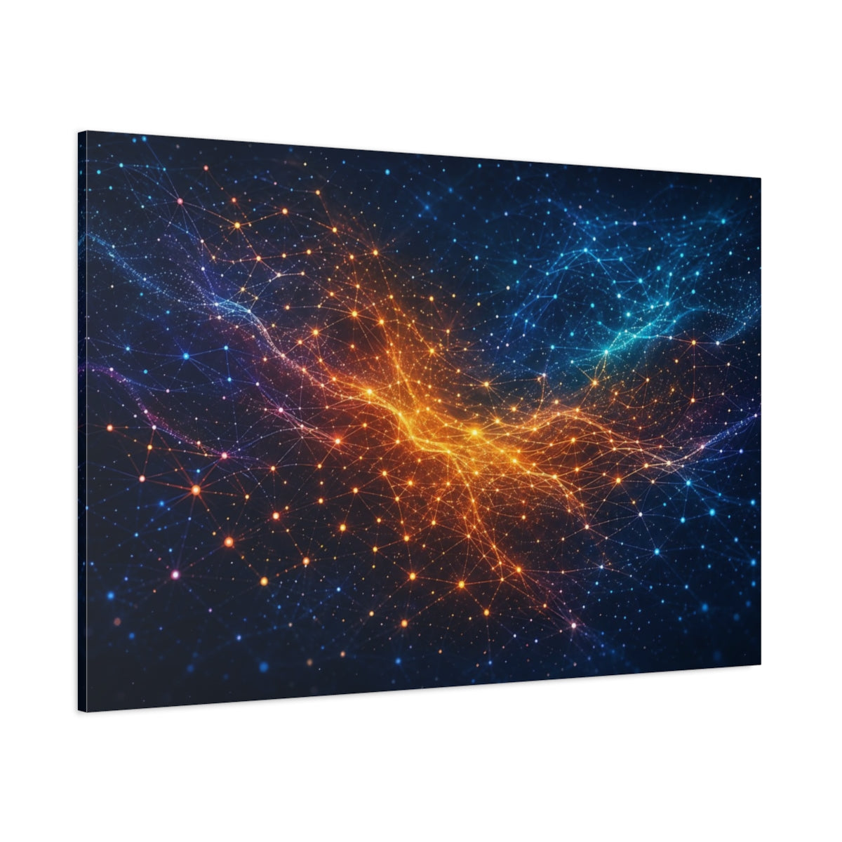 Side Mockup 1. Abstract Digital Network Blue Orange Network shown as stretched canvas wall art