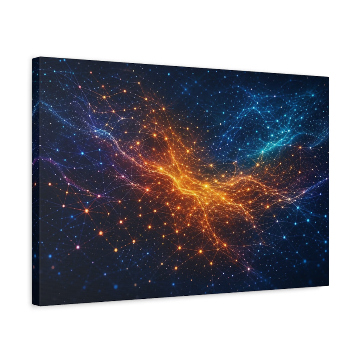Side Mockup 3. Abstract Digital Network Blue Orange Network shown as stretched canvas wall art