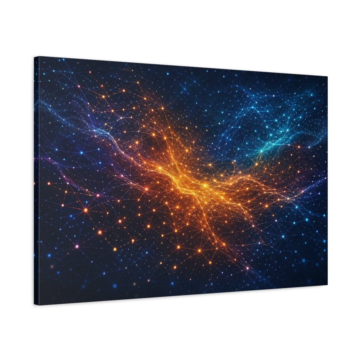 Main Mockup. Abstract Digital Network Blue Orange Network shown as stretched canvas wall art