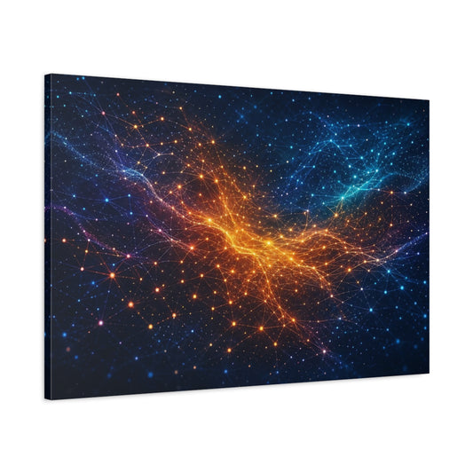 Main Mockup. Abstract Digital Network Blue Orange Network shown as stretched canvas wall art