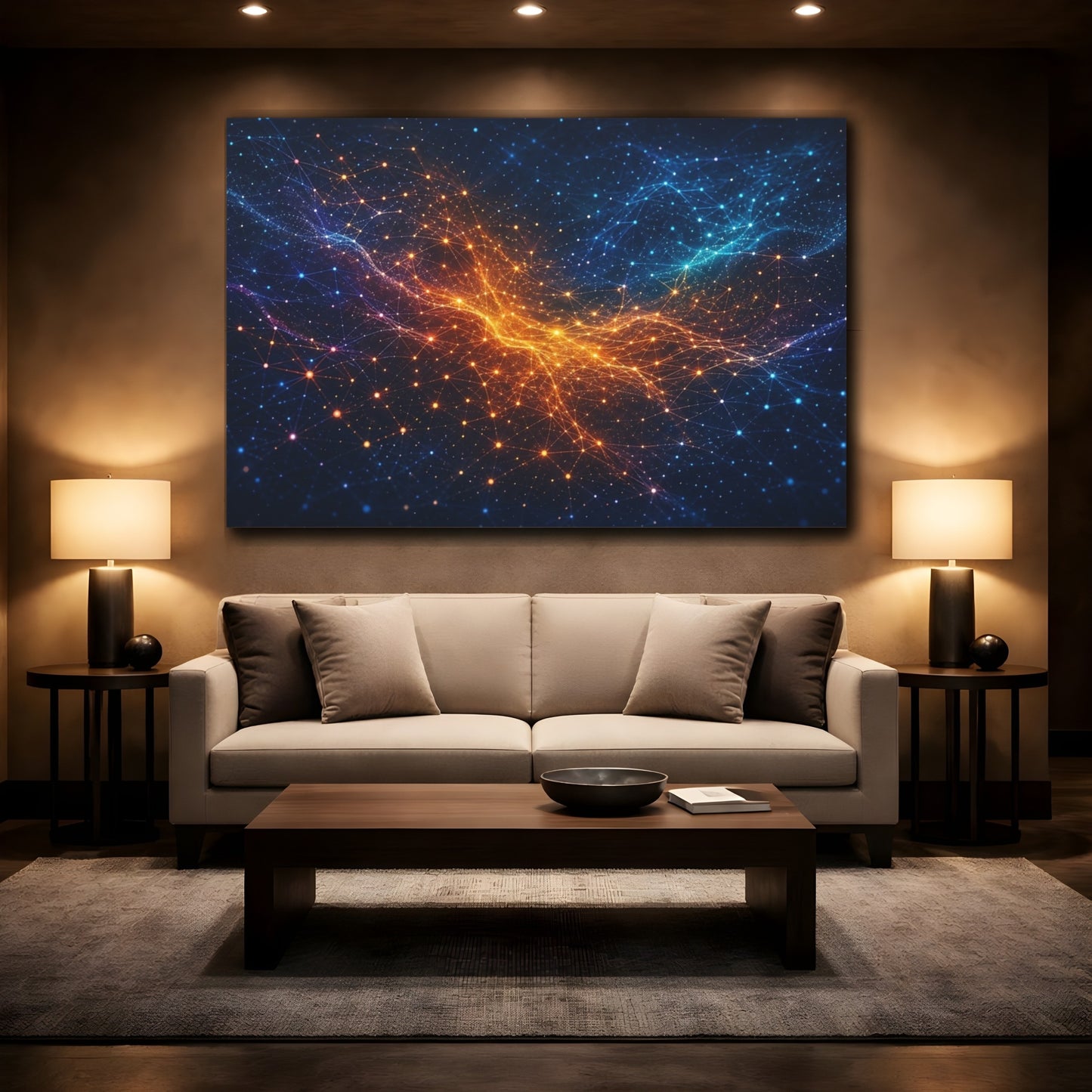 Mockup 2. Abstract Digital Network Blue Orange Network shown as stretched canvas wall art