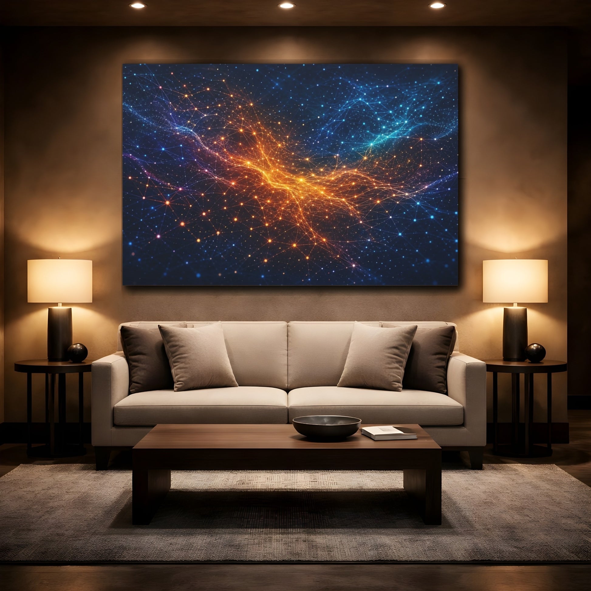 Mockup 2. Abstract Digital Network Blue Orange Network shown as stretched canvas wall art