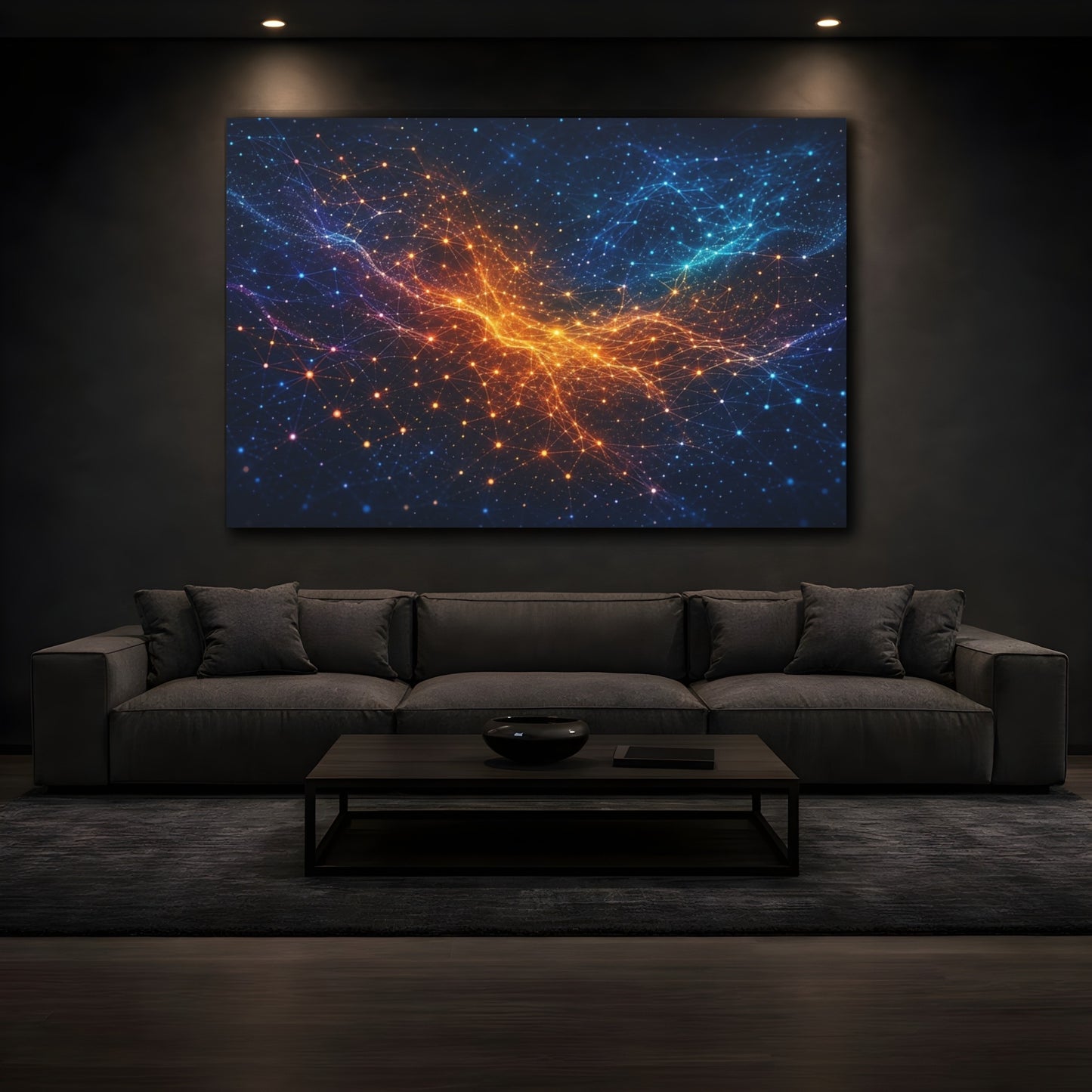 Mockup 3. Abstract Digital Network Blue Orange Network shown as stretched canvas wall art