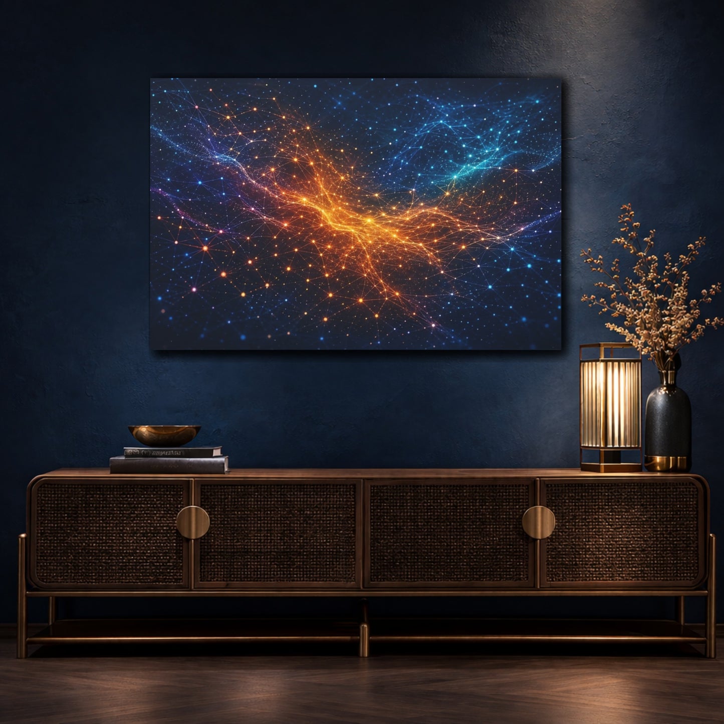 Mockup 4. Abstract Digital Network Blue Orange Network shown as stretched canvas wall art