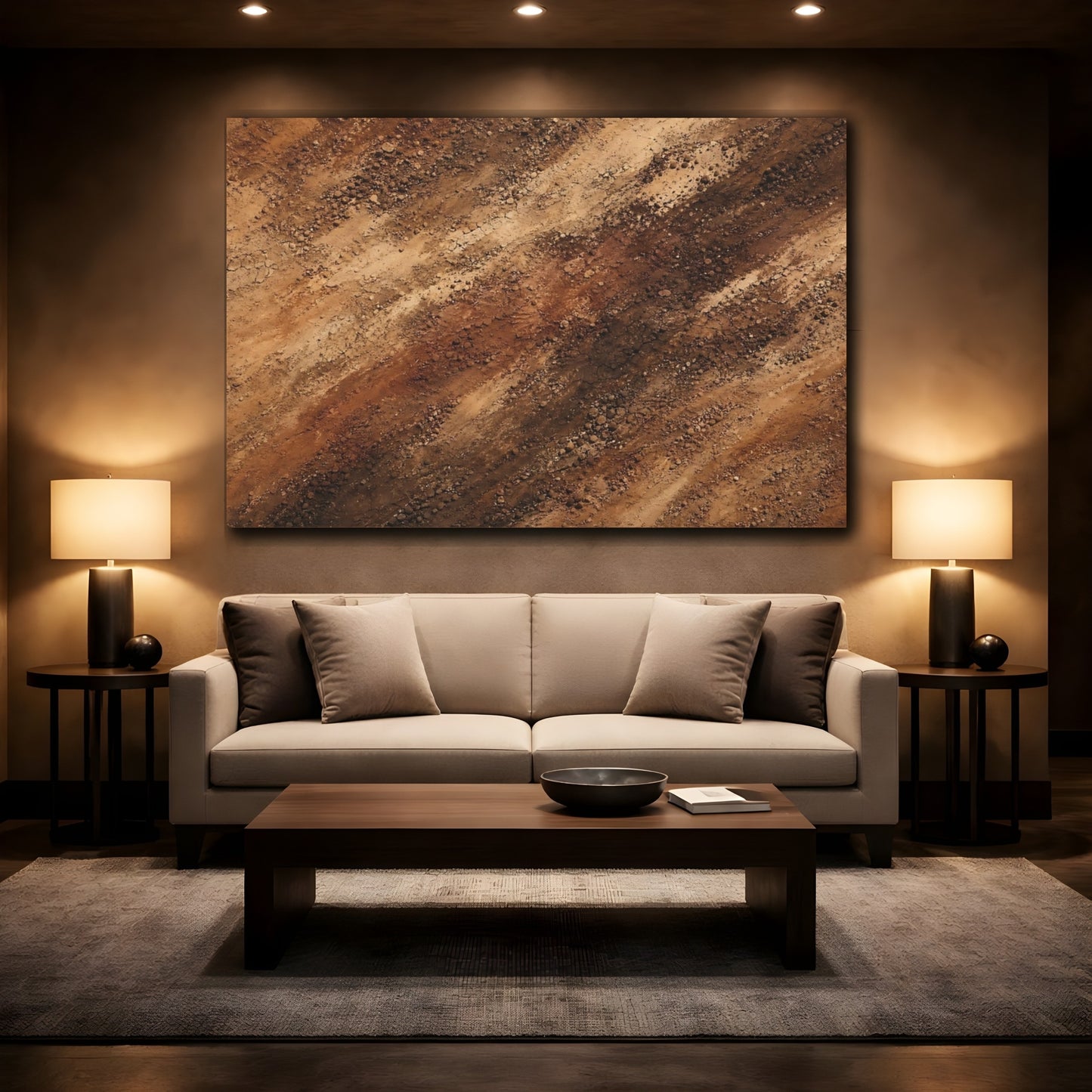 Mockup 2. Abstract Dirt Texture Brown And Tan shown as stretched canvas wall art
