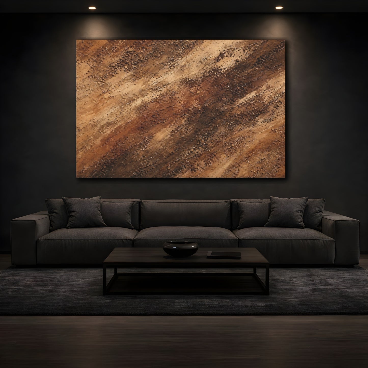 Mockup 3. Abstract Dirt Texture Brown And Tan shown as stretched canvas wall art
