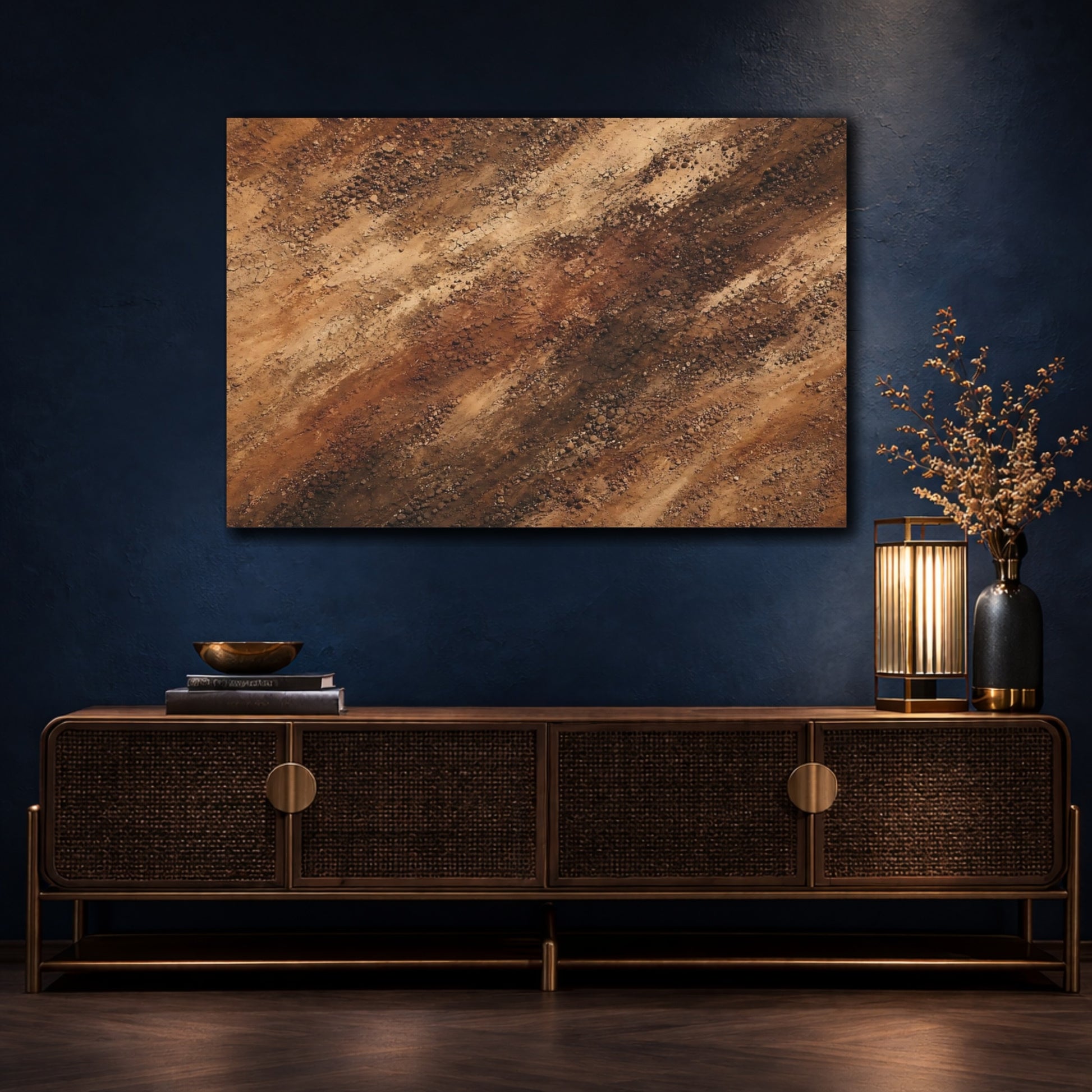 Mockup 4. Abstract Dirt Texture Brown And Tan shown as stretched canvas wall art