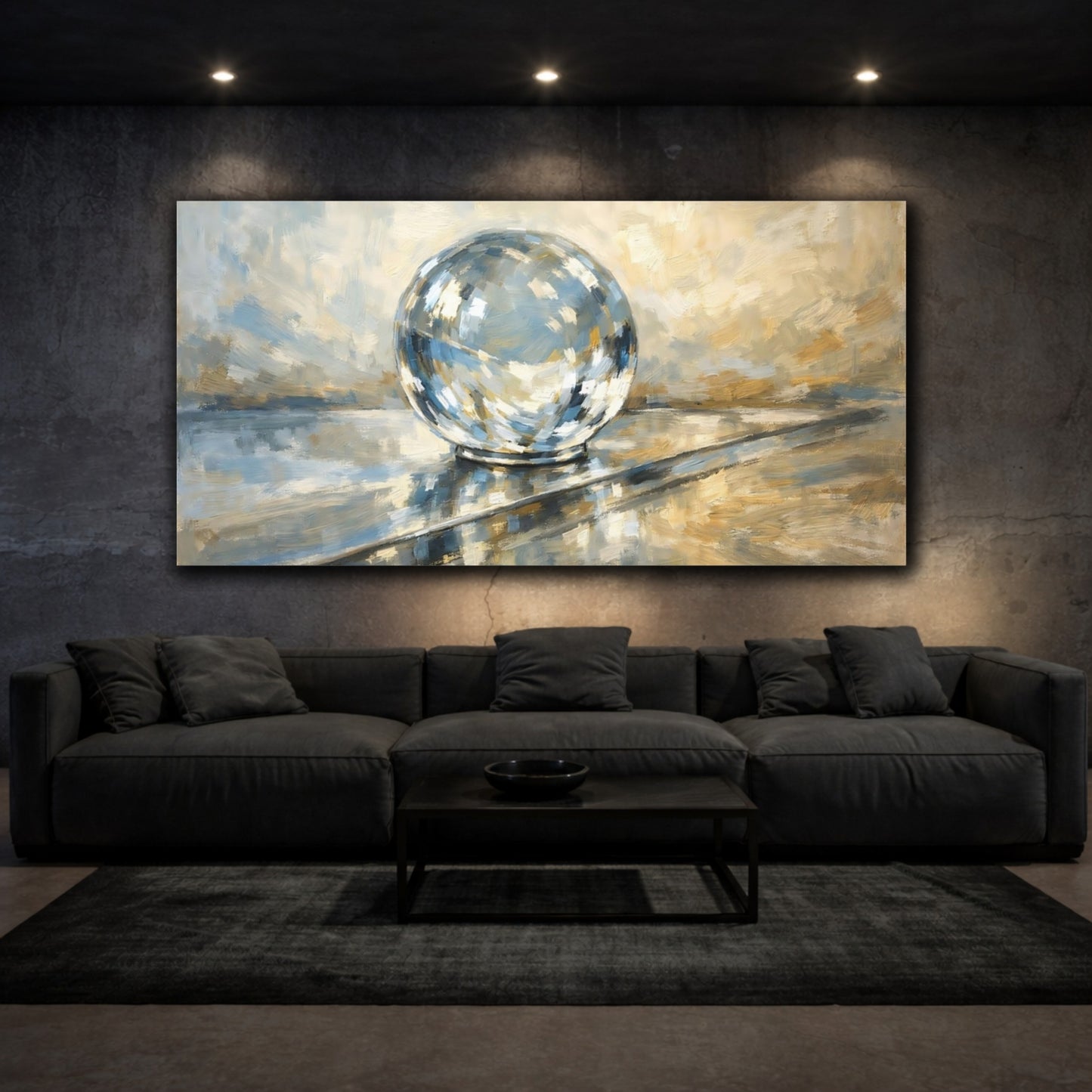 Mockup 2. Abstract Disco Ball Blue Gold Abstract shown as stretched canvas wall art
