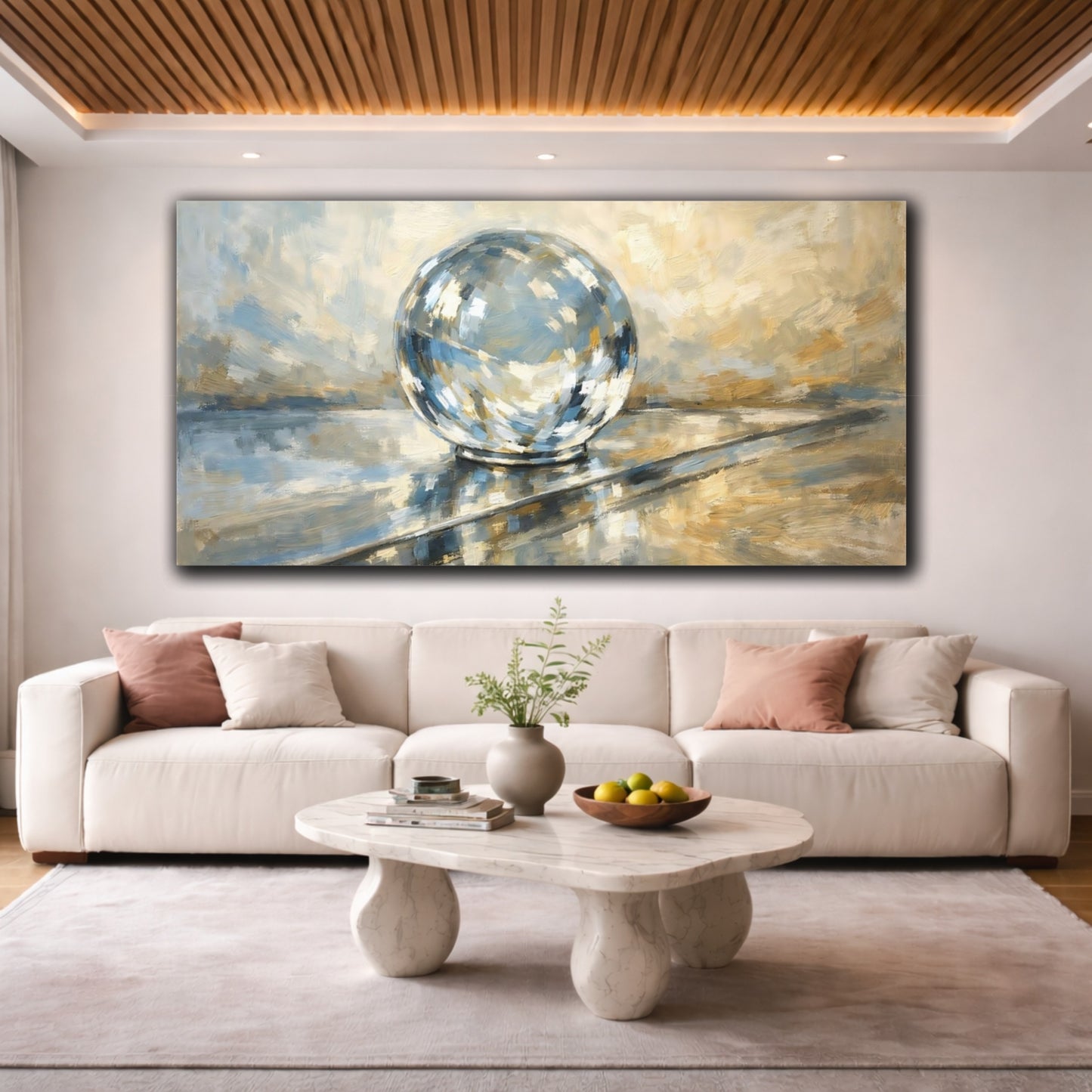 Mockup 3. Abstract Disco Ball Blue Gold Abstract shown as stretched canvas wall art