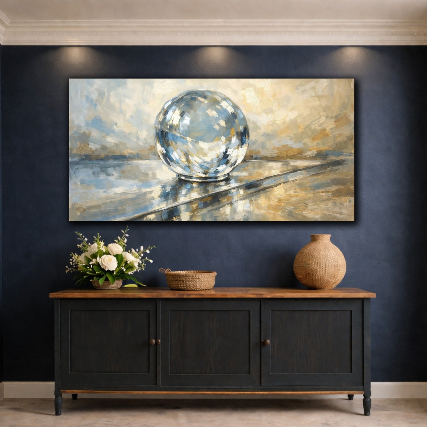 Mockup 4. Abstract Disco Ball Blue Gold Abstract shown as stretched canvas wall art