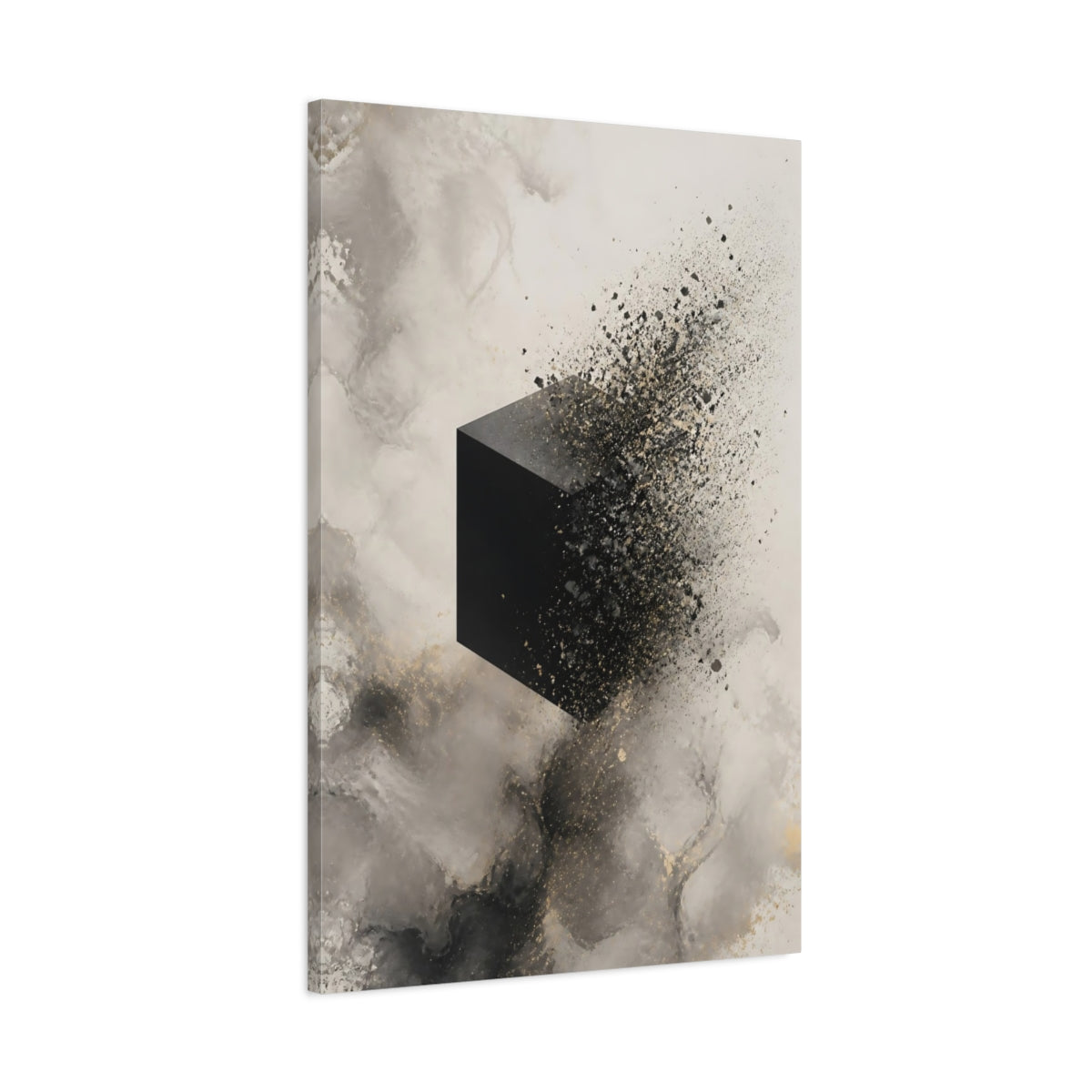 Main Mockup. Abstract Dissolving Cube Black And Gold Abstract shown as stretched canvas wall art