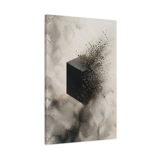Main Mockup. Abstract Dissolving Cube Black And Gold Abstract shown as stretched canvas wall art