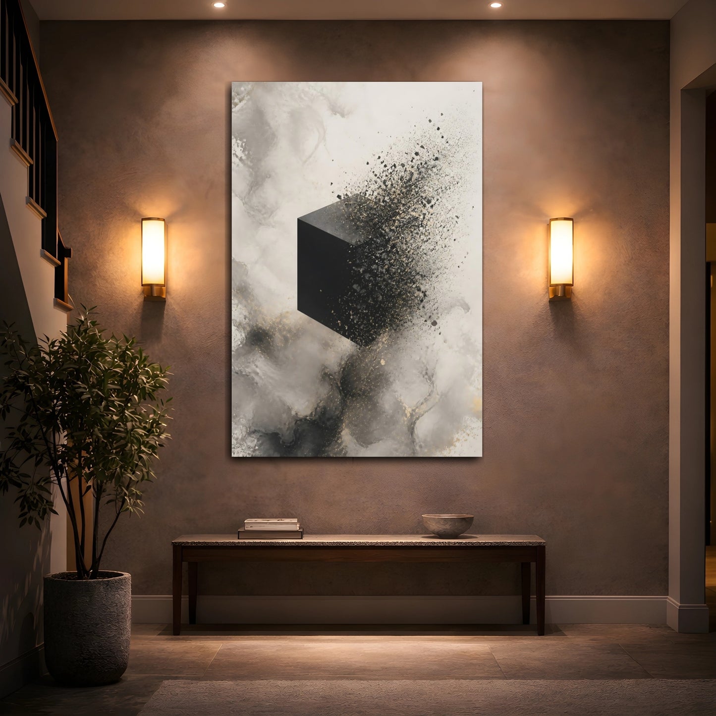 Mockup 2. Abstract Dissolving Cube Black And Gold Abstract shown as stretched canvas wall art