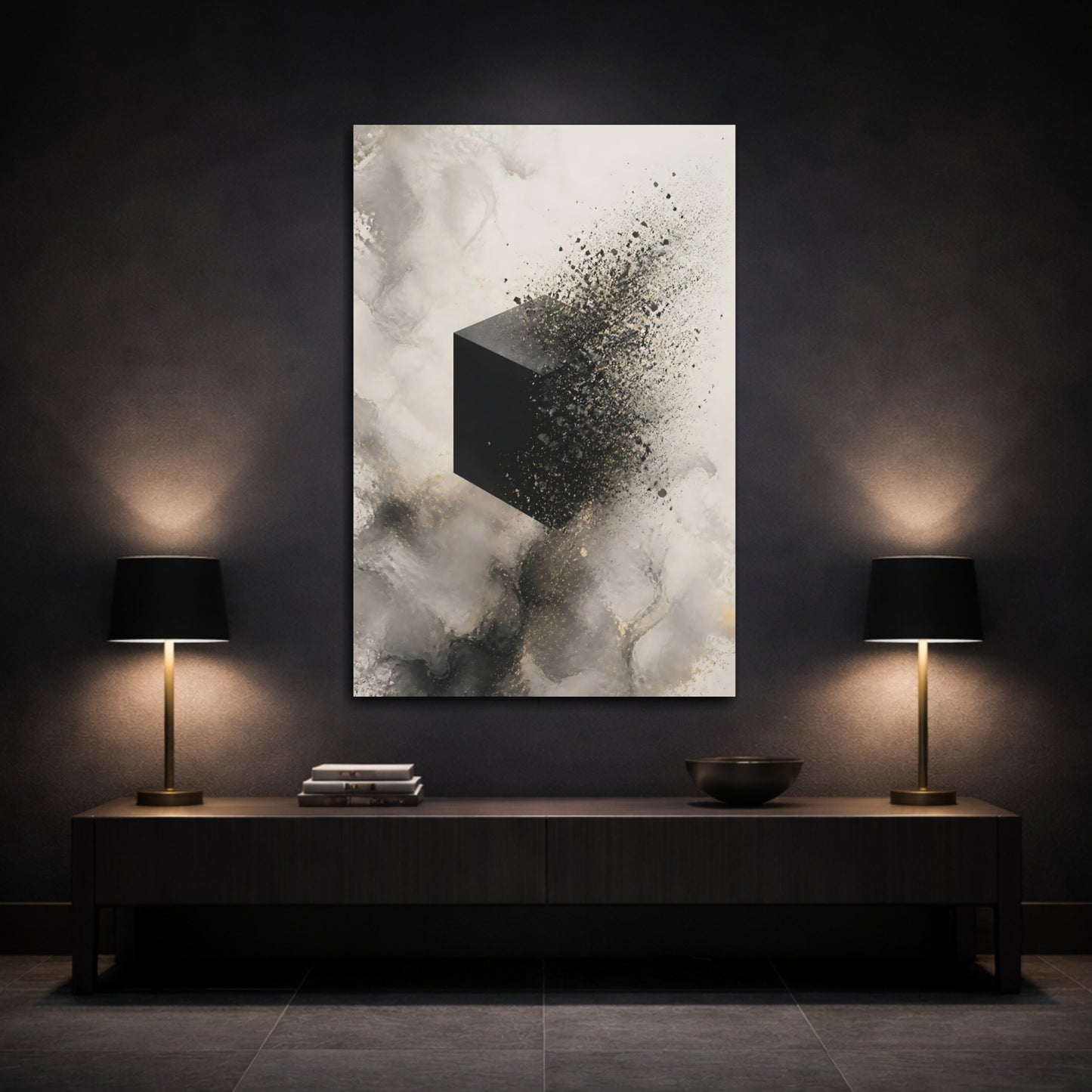 Mockup 3. Abstract Dissolving Cube Black And Gold Abstract shown as stretched canvas wall art