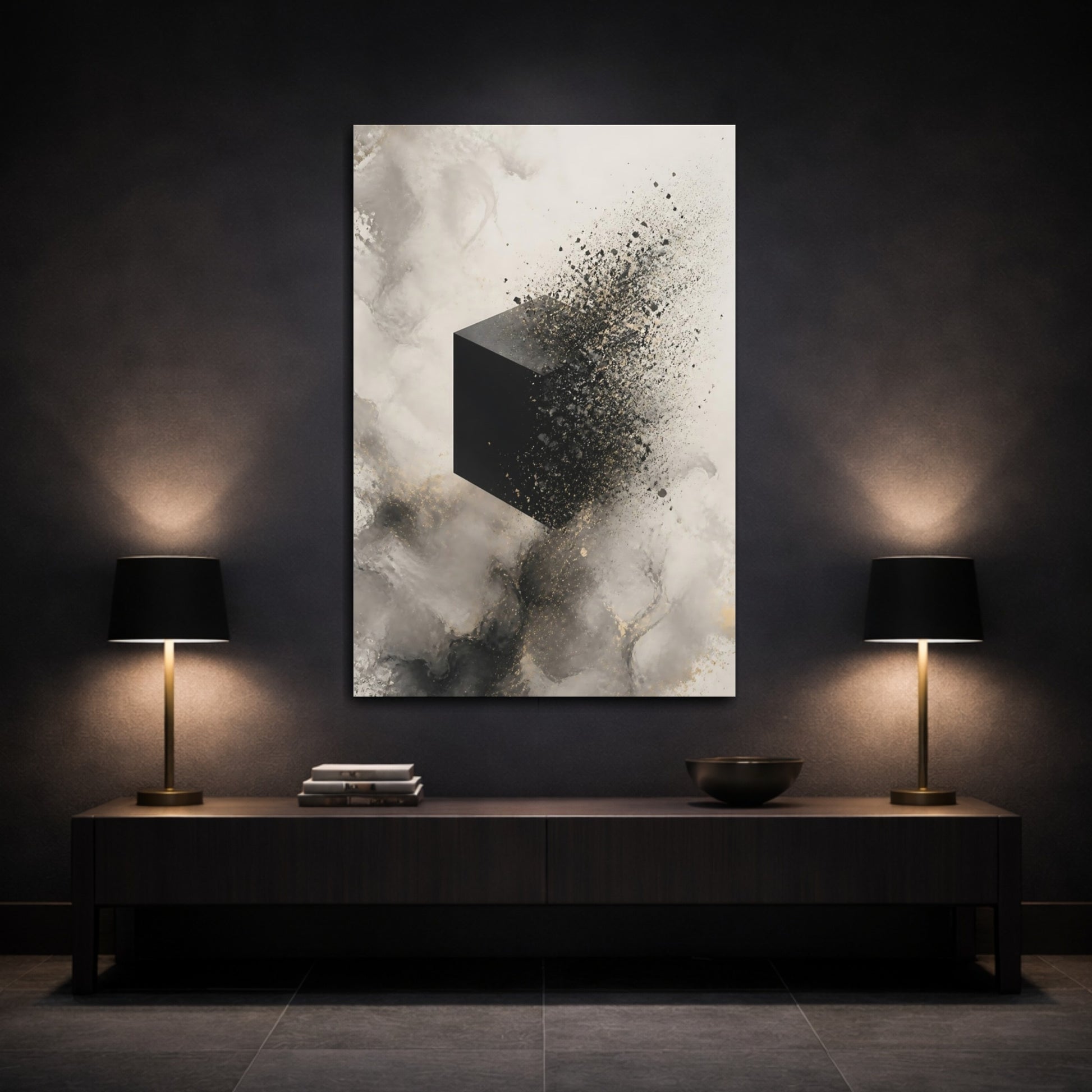 Mockup 3. Abstract Dissolving Cube Black And Gold Abstract shown as stretched canvas wall art