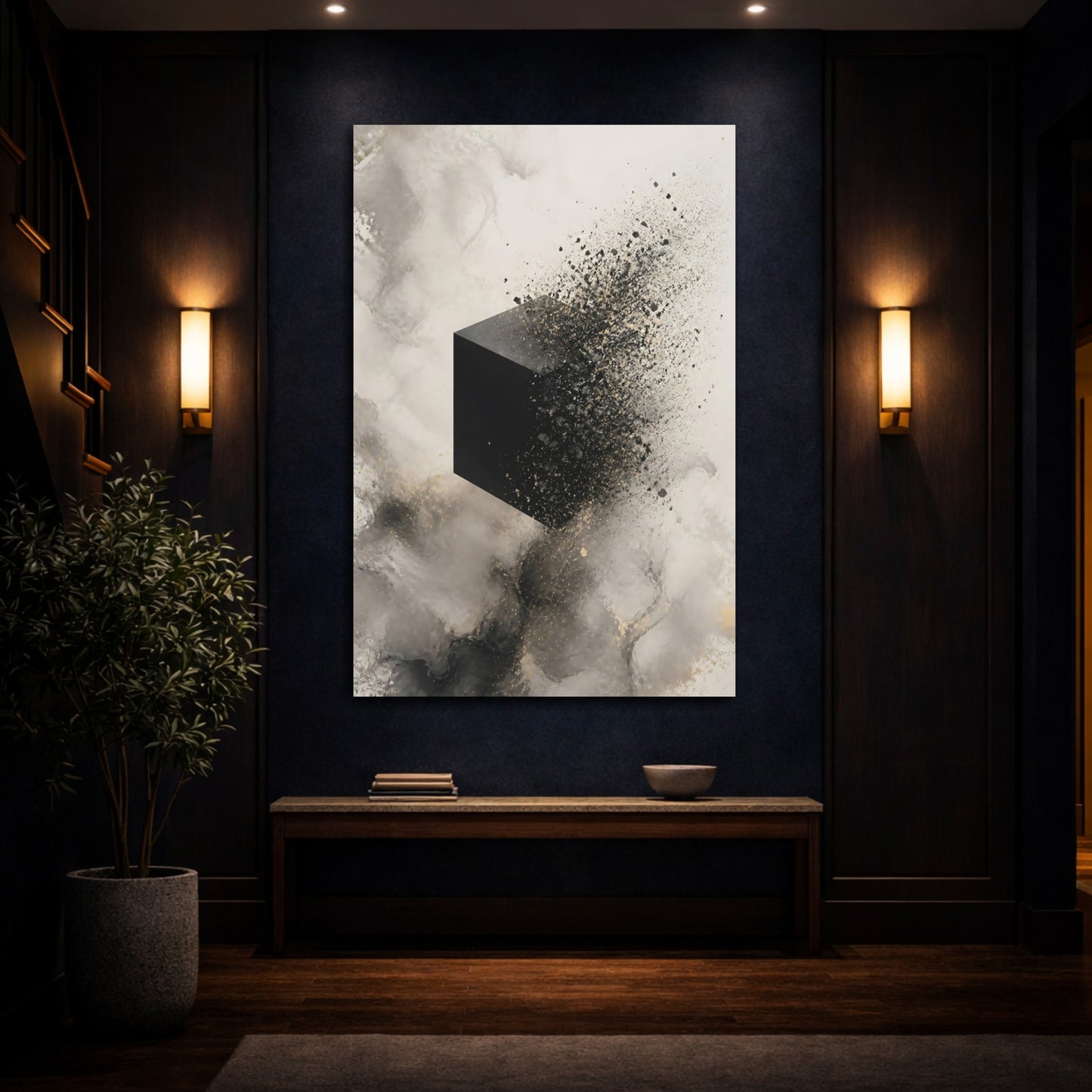 Mockup 4. Abstract Dissolving Cube Black And Gold Abstract shown as stretched canvas wall art