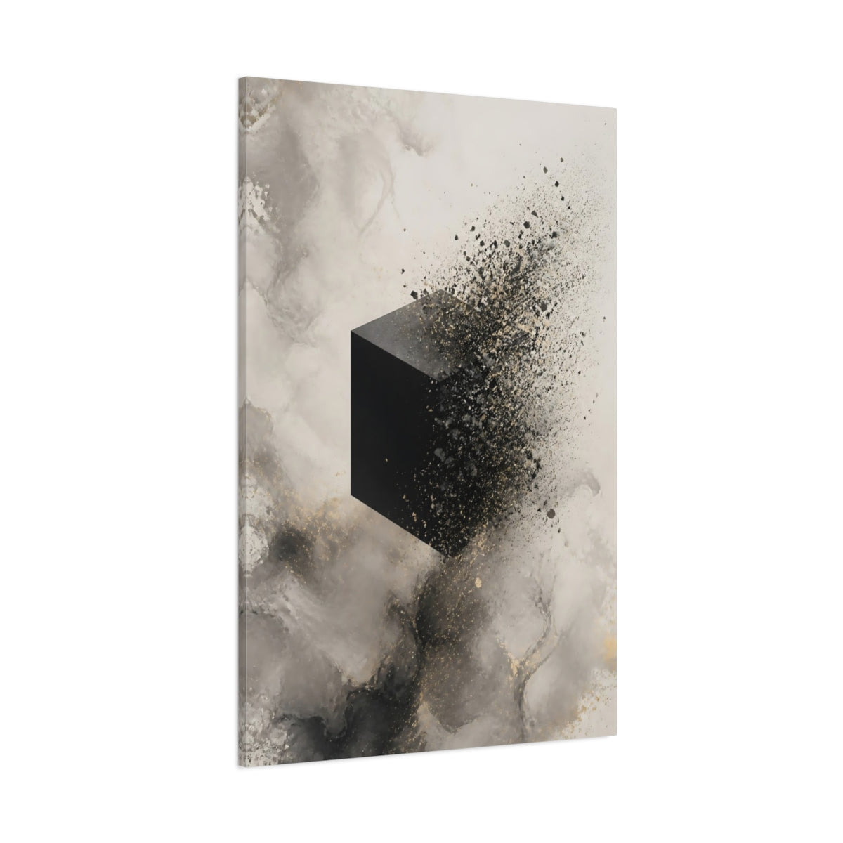 Side Mockup 1. Abstract Dissolving Cube Black And Gold Abstract shown as stretched canvas wall art