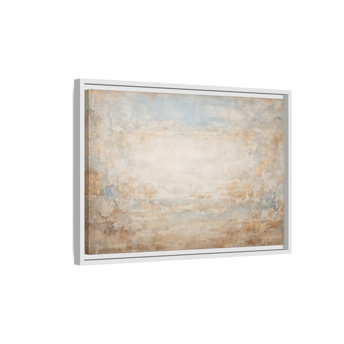 Side Mockup 1. Abstract Distressed Texture Distressed Beige Blue shown as stretched canvas wall art