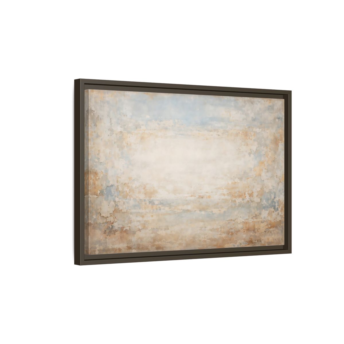 Side Mockup 2. Abstract Distressed Texture Distressed Beige Blue shown as stretched canvas wall art
