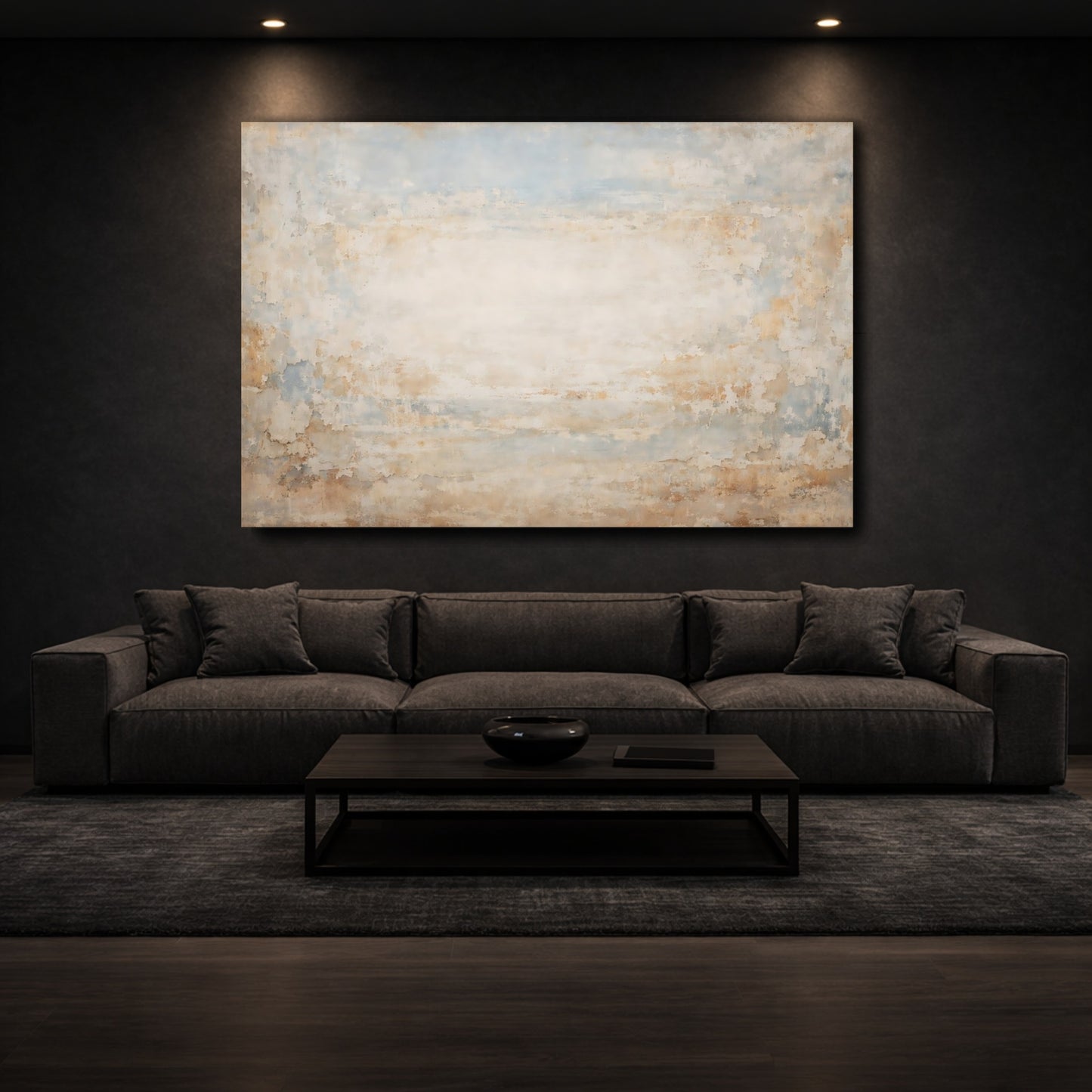Mockup 2. Abstract Distressed Texture Blue Beige Texture shown as stretched canvas wall art