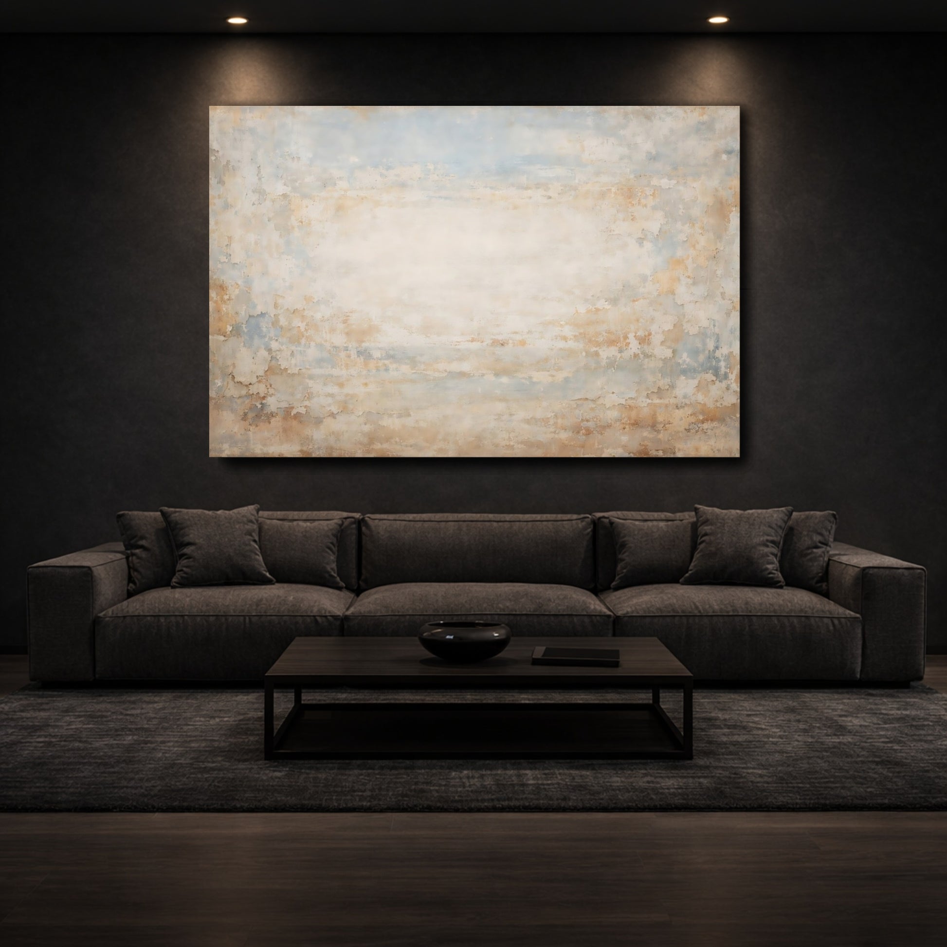 Mockup 2. Abstract Distressed Texture Blue Beige Texture shown as stretched canvas wall art